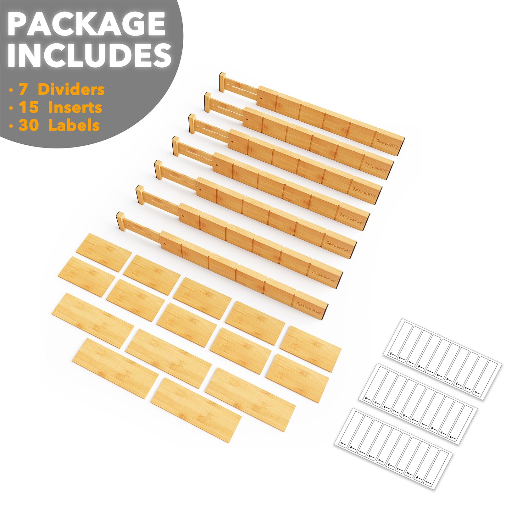 SpaceAid Divisori per cassetti in bambù con inserti ed etichette, organizer regolabili per cassetti da cucina, organizzazione espandibile per casa, ufficio, cassettiere, 7 divisori con 15 inserti