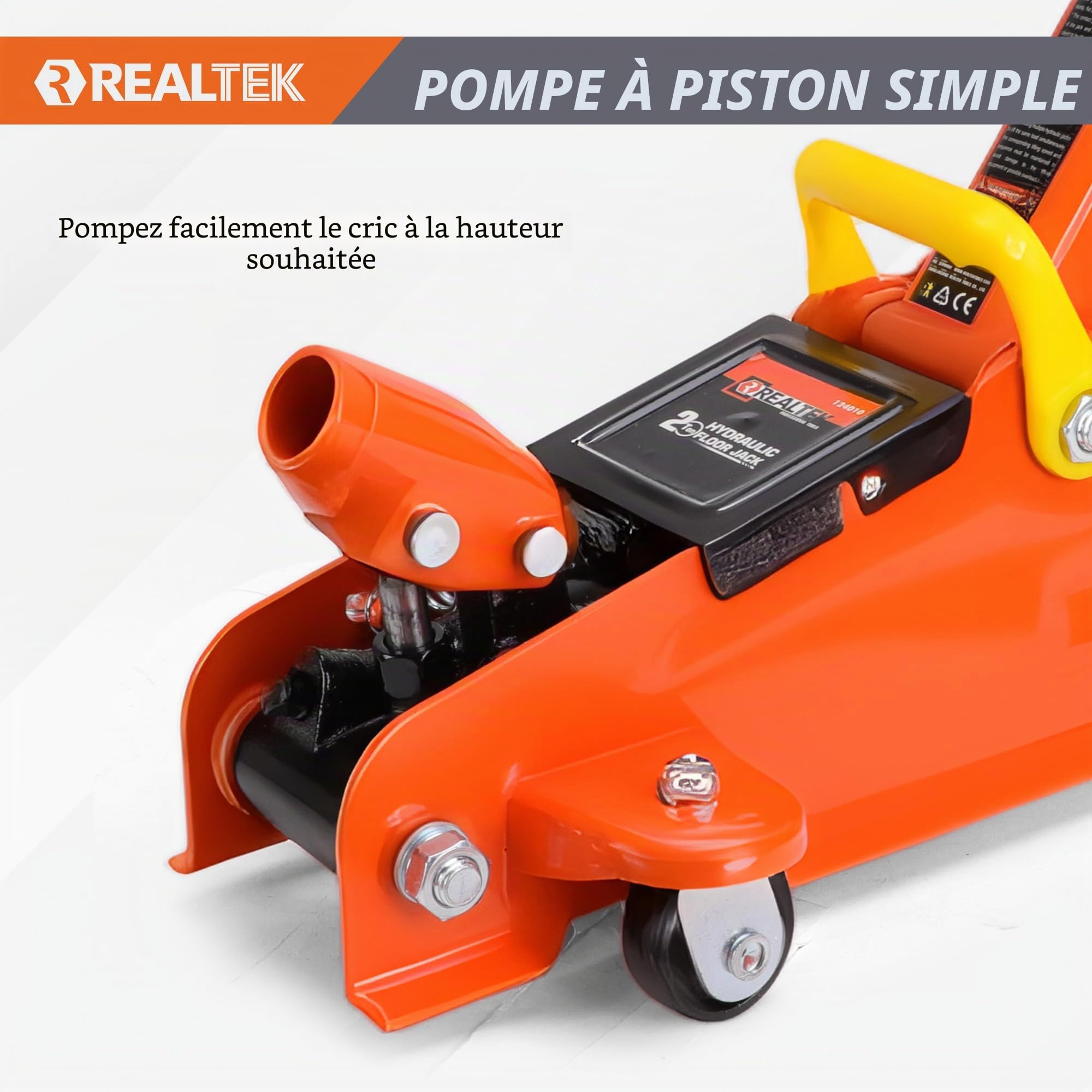 REALTEK Cric hydraulique 2 tonnes, Hauteur de Levage 135-340 mm | Cric pour voiture avec patins en caoutchouc, Plat, roues à 360°