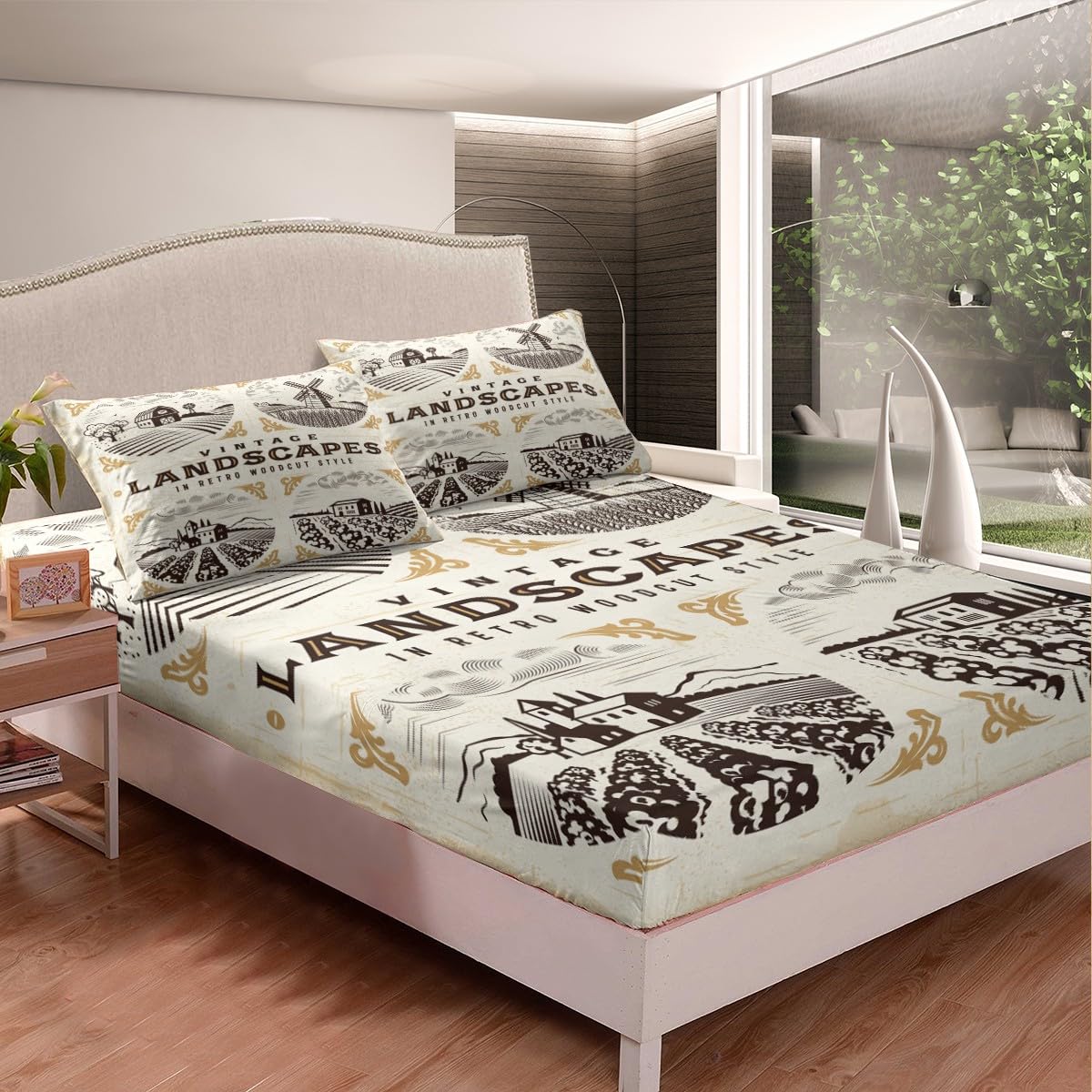 Homewish Set di biancheria da letto per letto singolo, stile vintage con mulino a vento, stile rustico, stile rustico e western, per camera da letto di bambini e ragazzi