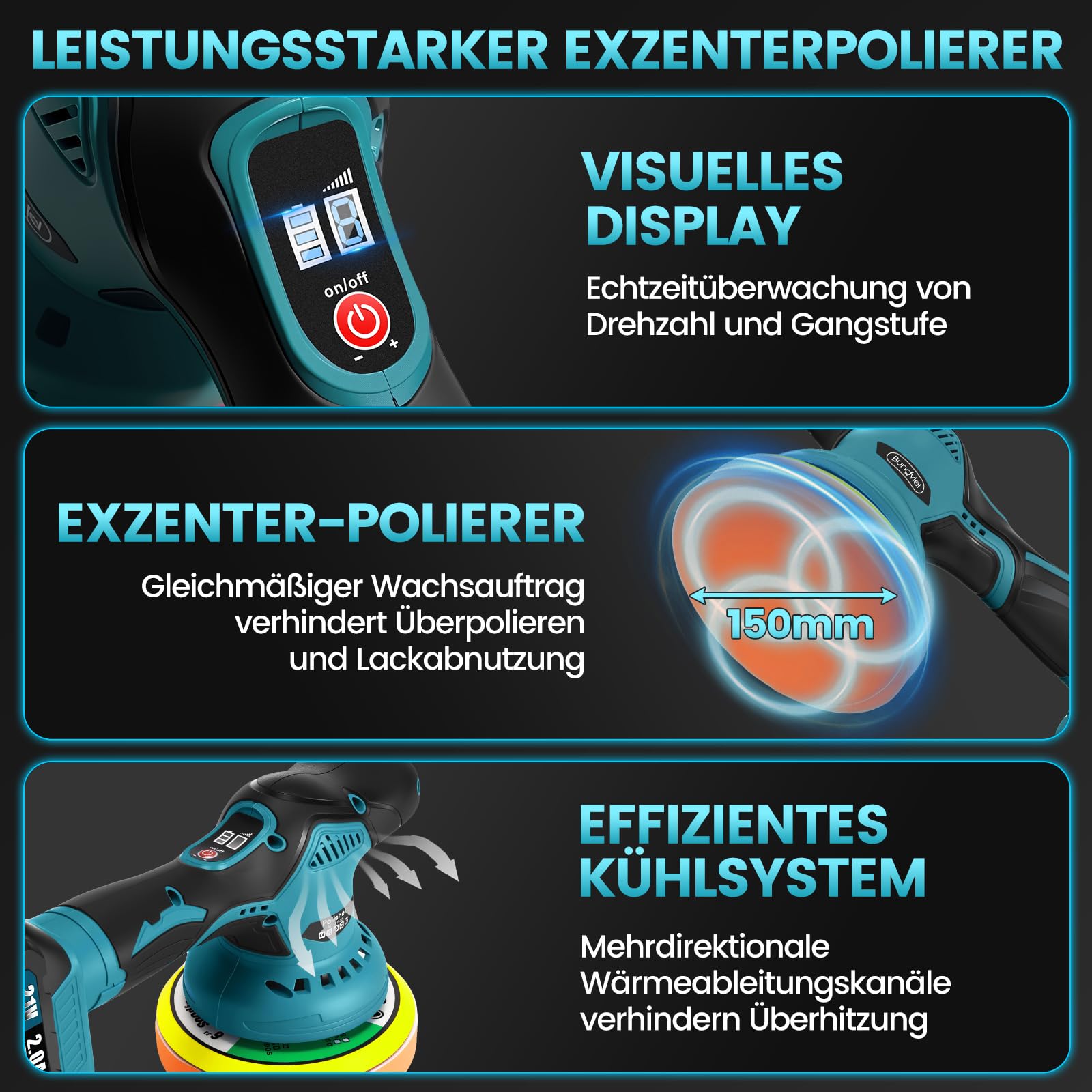 Polisseuse excentrique sans fil pour voiture, 150 mm avec 2 batteries 21 V 2000 mAh, 8 vitesses jusqu'à 6000 tr/min, kit de polissage 13 pièces, kit de polissage pour entretien des détails de