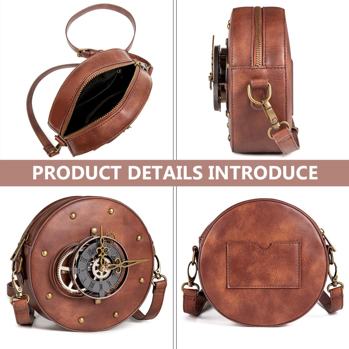 Veemoon Bolso de Hombro Mujer Estilo Steampunk Vintage Redondo, Piel Pu Negra, Bolsa de Almacenamiento Práctica para Uso Diario y Outfits Punk, Diseño Compacto y Moderno
