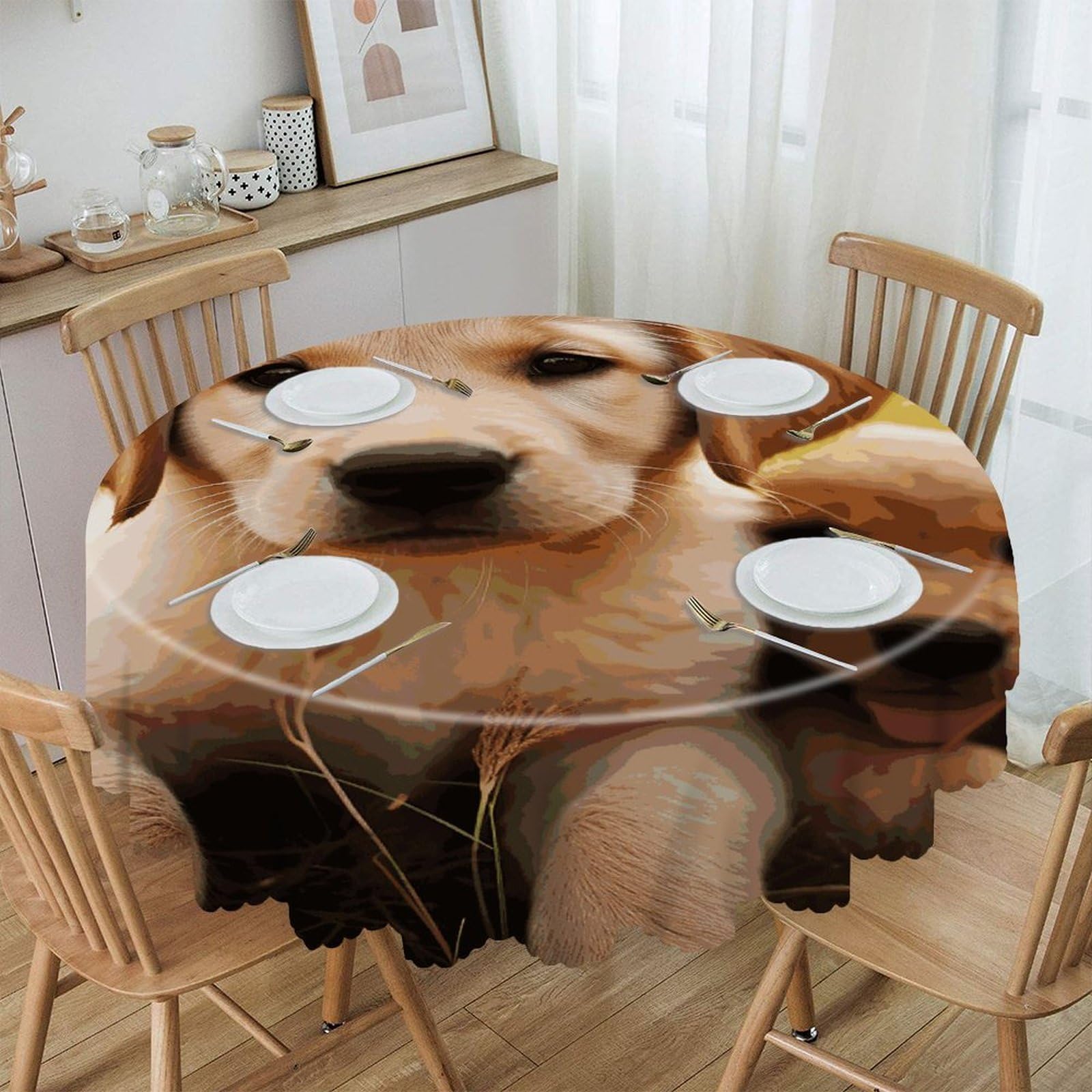 MUSM Cute Golden Retriever Puppy Table Cloths Round Wrinkle Resistant Tablecloths Washable Polyester Table Cover Waterproof Decorative Washable Rustic Circle Tablecover for Kitchen Dining