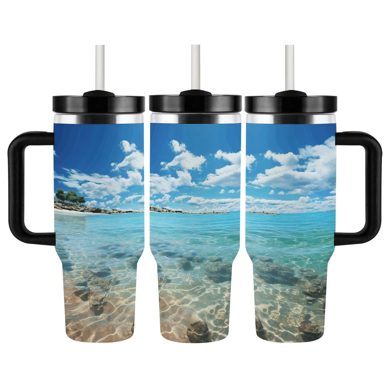 Scenic - Vaso de café de viaje de acero inoxidable, taza de café con tapa y popote, taza con asa, gran capacidad, doble pared al vacío a prueba de fugas, taza térmica de café helado, 40 onzas