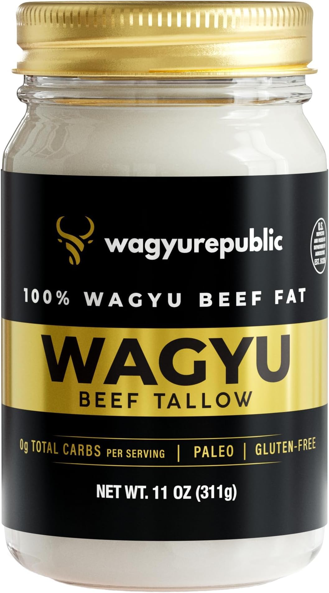 Wagyu Republic Beef Tallow ⎸11oz Glass Jar, Grass Fed Wagyu Beef Tallow, Great for Cooking Steak or as Tallow Balm ⎸ Keto, Gluten Free Protein Snacks for Adults, Perfect for Whole 30 or Carnivore Diet