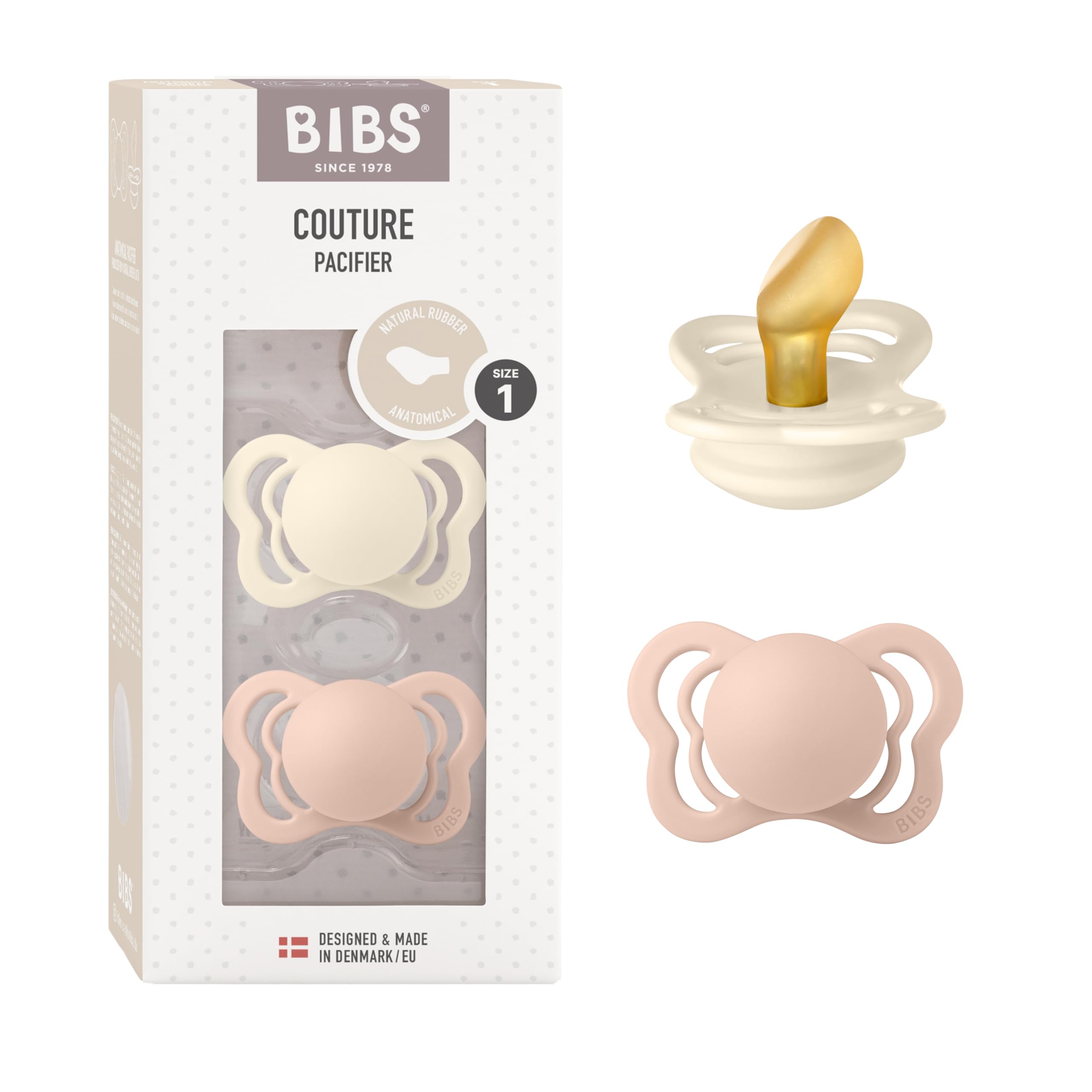 BIBS Couture Natural Rubber Baby Pacifier - Anatomical & Soft Nipple, Gentle Shield Prevents Skin Irritation & Moisture Buildup, 100% Food Grade, BPA Free Soother, 0-6 Months, Pack of 2, Ivory & Blush