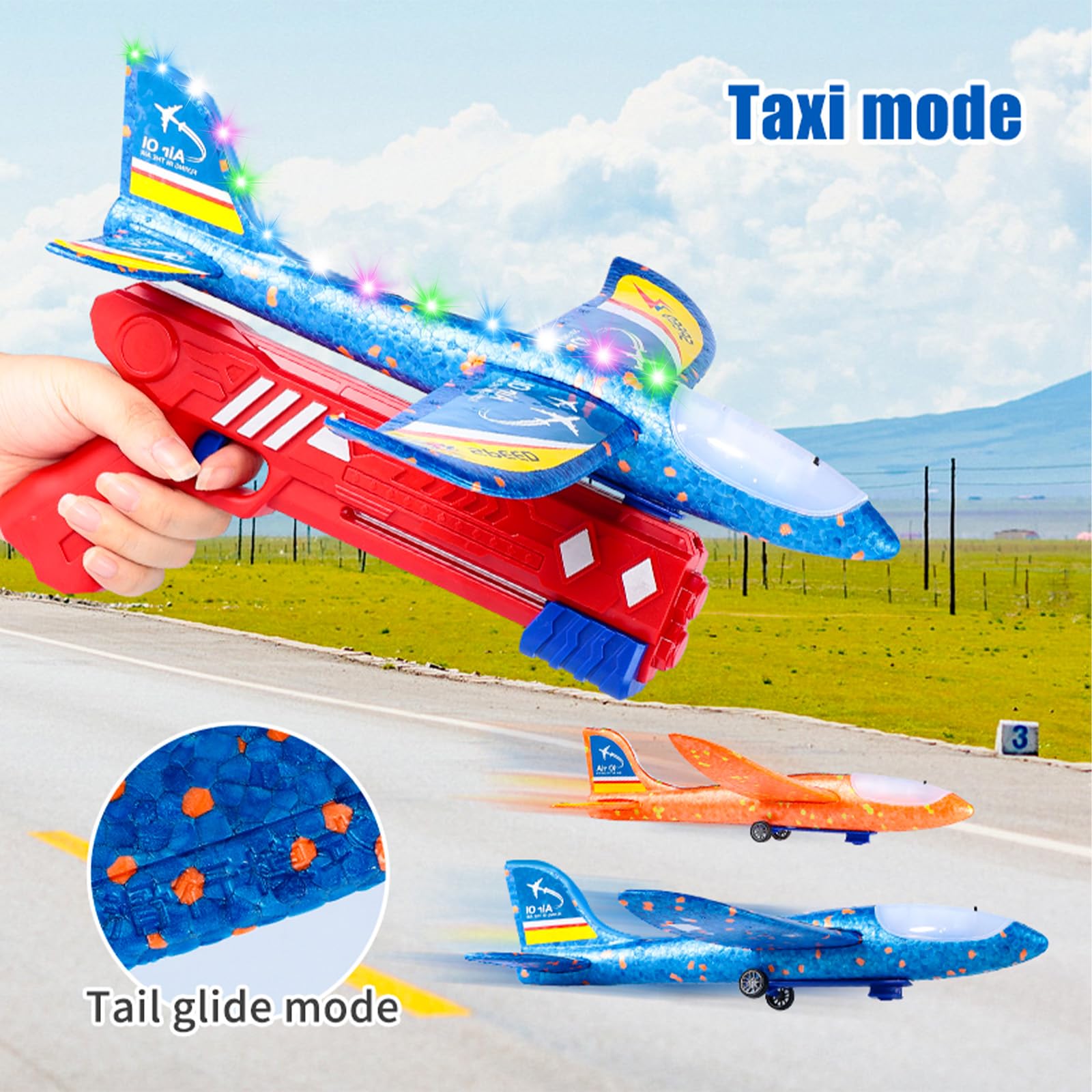 Avion Planeur en Polystyrène avec Pistolet Catapulte LED - 3 Avions Jouets Volants pour Enfants 3-10 Ans, Jeux de Lancer Extérieur Cadeau Anniversaire Garçon Fille