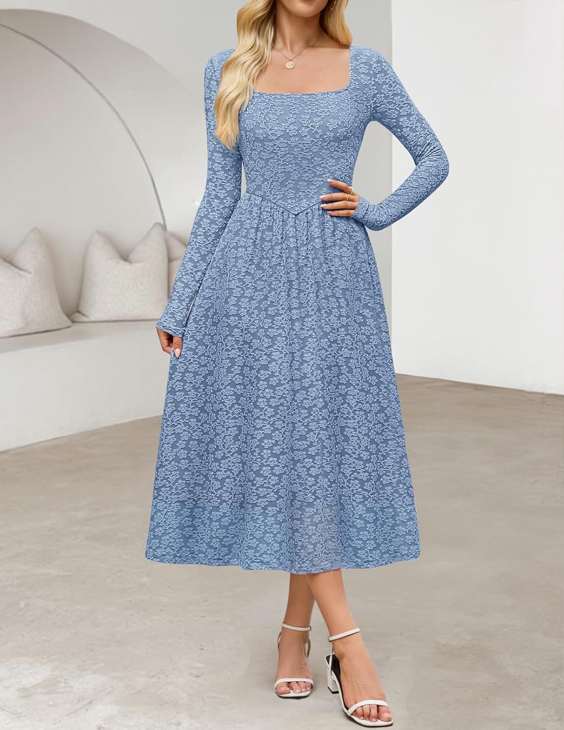 MEROKEETY Women's Floral 2025 Fall Midi Dresses Long Sleeve Square Neck Flowy A Line Wedding Ruched Dress Pockets - Image 6