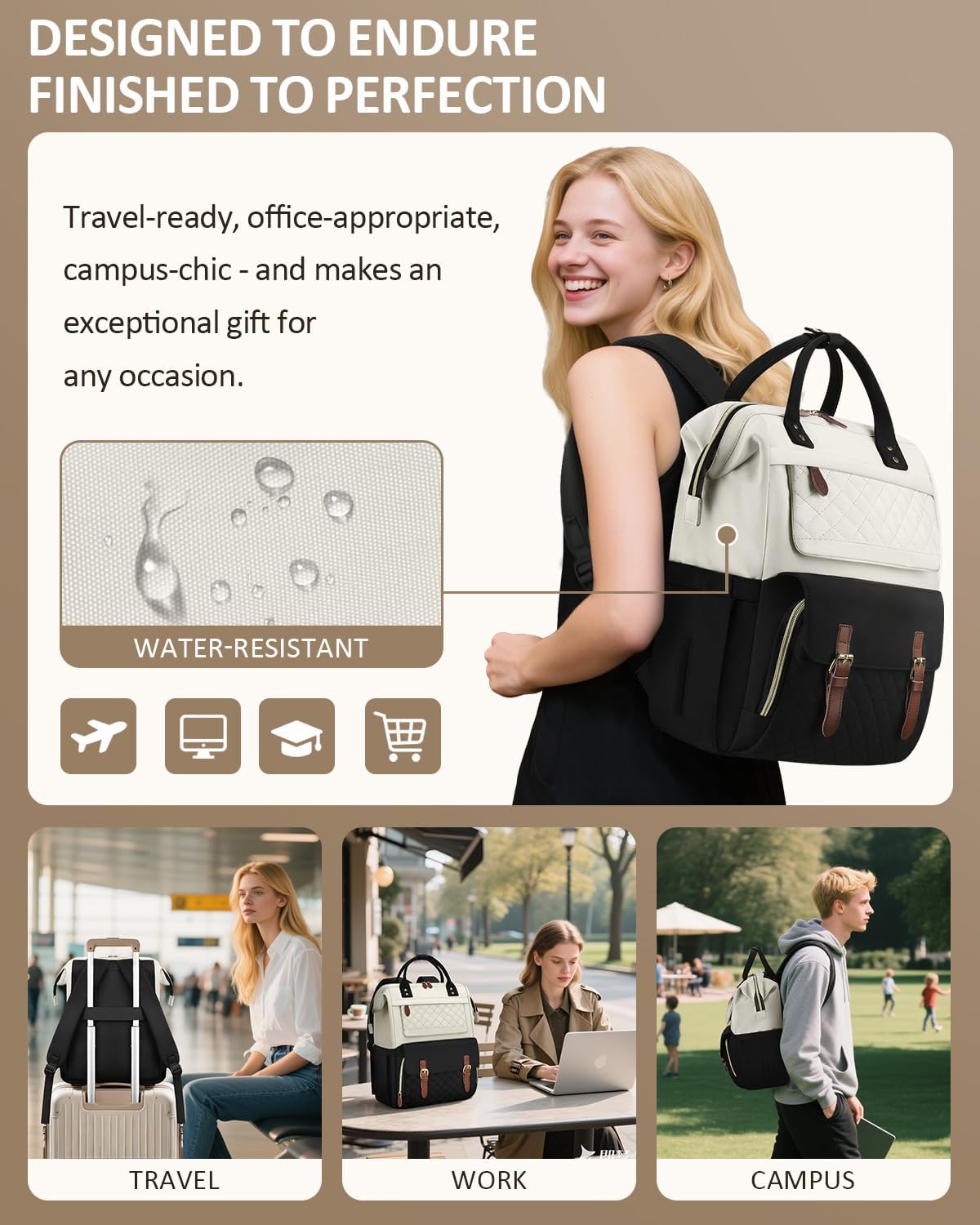 Laptop Backpack for Women, Large Capacity Work Business Backpack, 15.6inch Carry On Backpack Nurse Bag College Bookbag, Casual Daypack for Travel, beige - Image 6