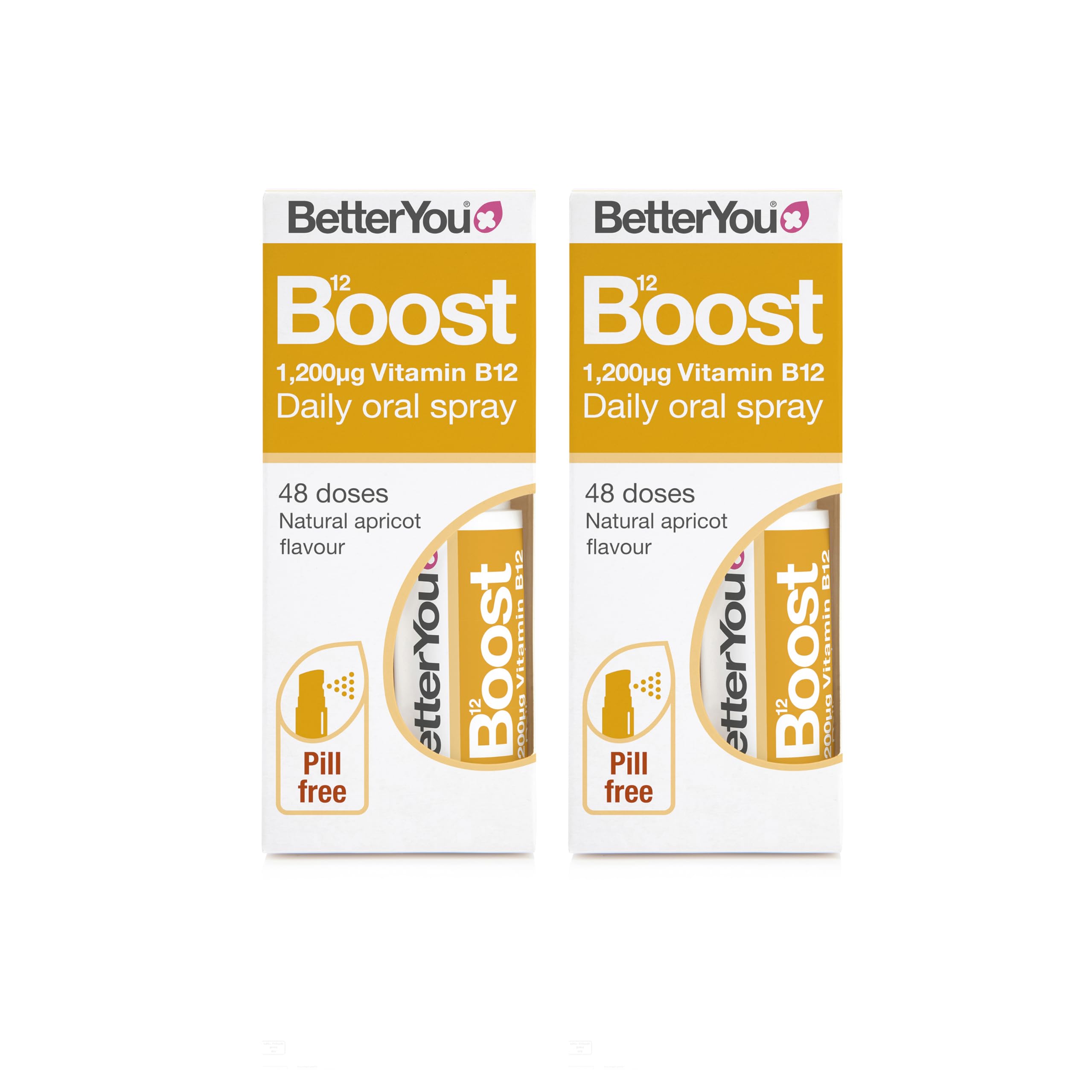 BetterYou Boost Vitamin B12 Daily Oral Spray Vitamin Spray Supplement for Energy Boost 1,200 IU Vitamin B12, Natural Apricot Flavour, Pack of 2, 25ml (192 Sprays)