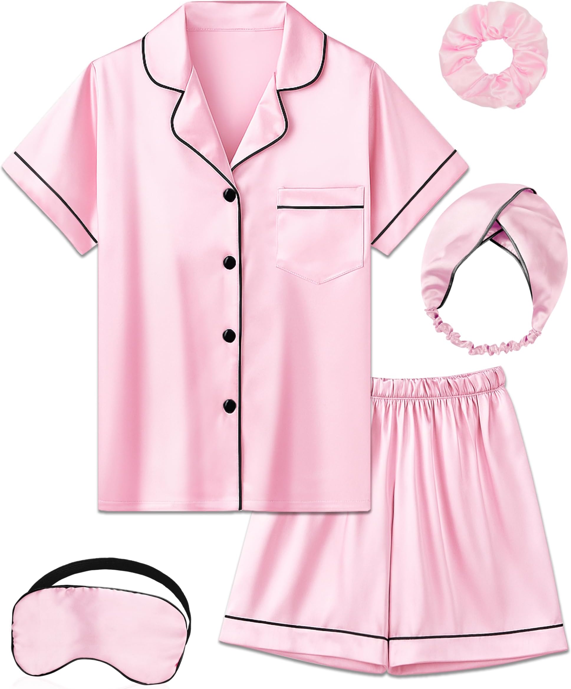 Kids Girl Pajama Set with Headband Blindfold Hair Tie Toddler Boy Girl Satin Silky Button-up Pajama Sleepwear