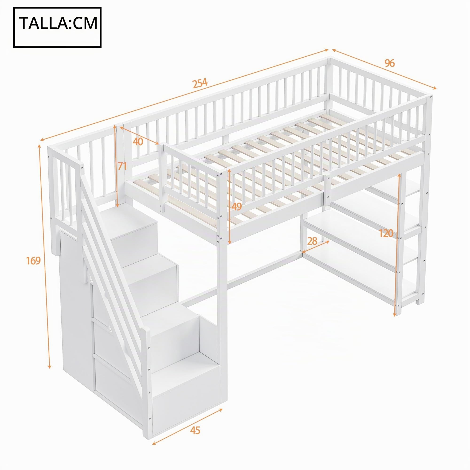 Cama alta de 90 x 200 cm, cama infantil, diseño de seguridad con armario, estantes y espacio de almacenamiento con escalera de seguridad, cama multifunción, cama de madera maciza (blanco)