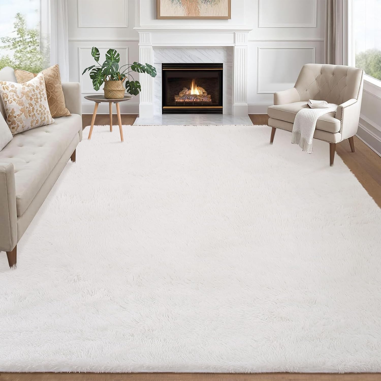 GarveeHome 8x10 Fluffy Area Rug- Shag Area Rug for Living Room, Shaggy Large Indoor Thick Living Room Carpet with Non-Slip Backing, Soft Plush Fuzzy Carpet for Bedroom, 8x10, White White 8' x 10' (Rectangular)