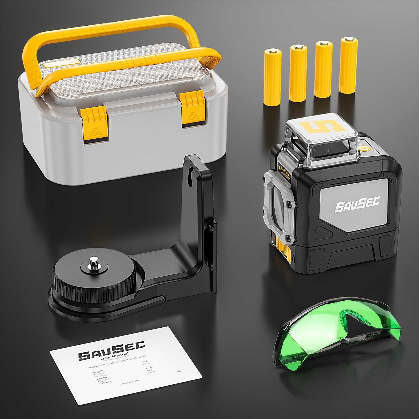 Niveau à bulle laser SAVSEC vert, 1 × 360° Laser en croix auto-nivelant, 5 lignes 45 m Niveau à bulle laser en croix avec mode manuel, automatique et impulsion pour chantier de construction intérieur