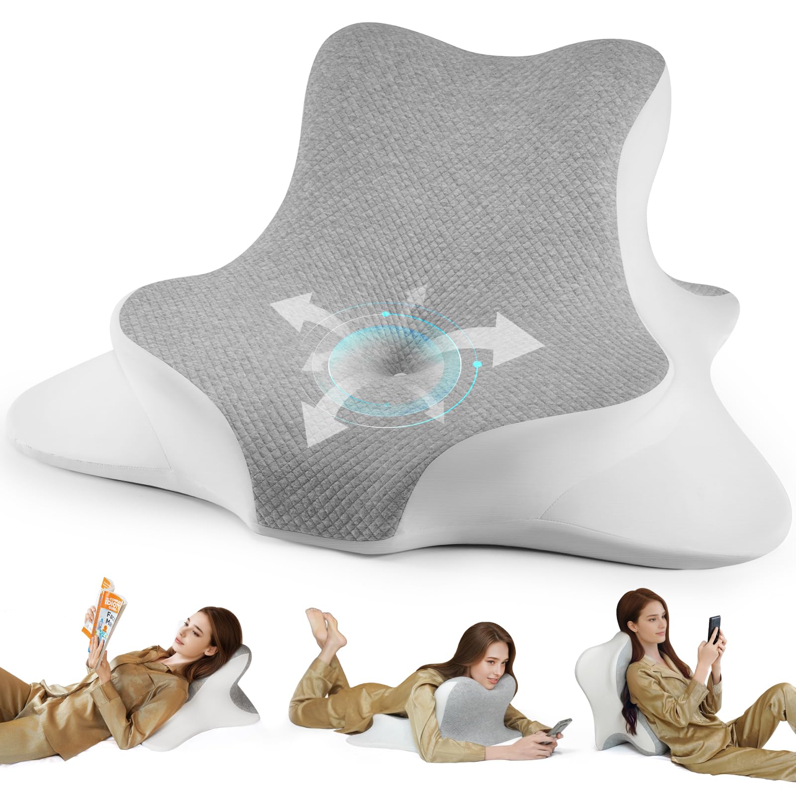 WOGAHEV Reading Pillow for Bed, Lying, Leaning and Prone, Ergonomic Memory Foam Bed Wedge Pillow for Headboard, Chin & Back Support Pillows on Bedrest Couch Floor- Grey