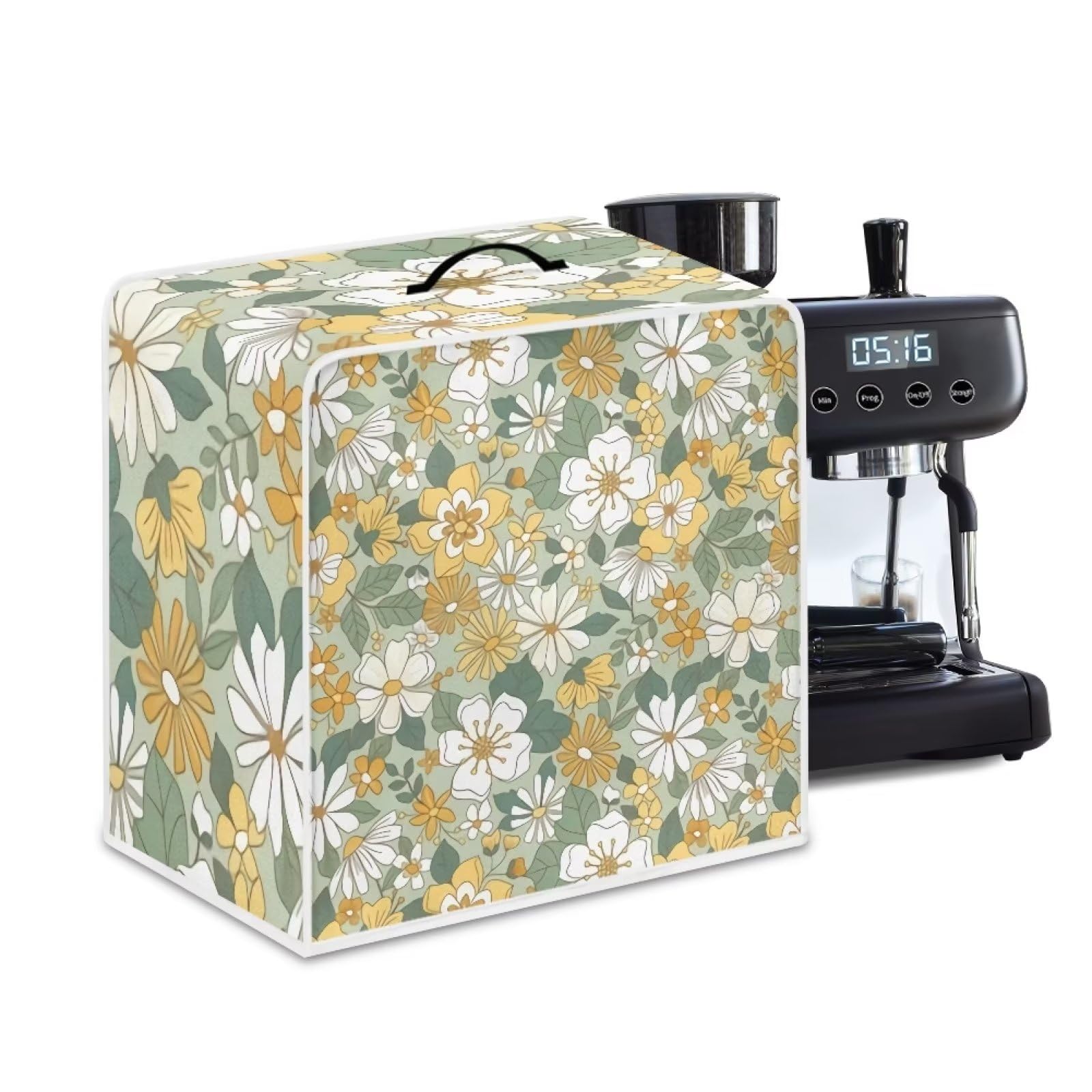 NETILGEN Coffee Maker Dustproof Cover Protective Cover Stain Resistant Dustproof Kitchen Small Appliance Cover with Top Handle for Home Indoor Decor, Yellow Green Flower