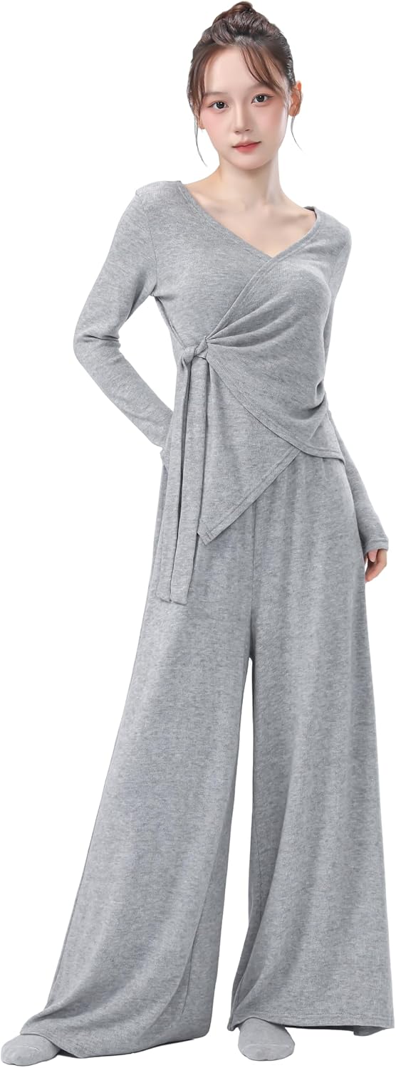 Angcoco Women's Elegant Overlapping V Neck Long Sleeved Tops Pants