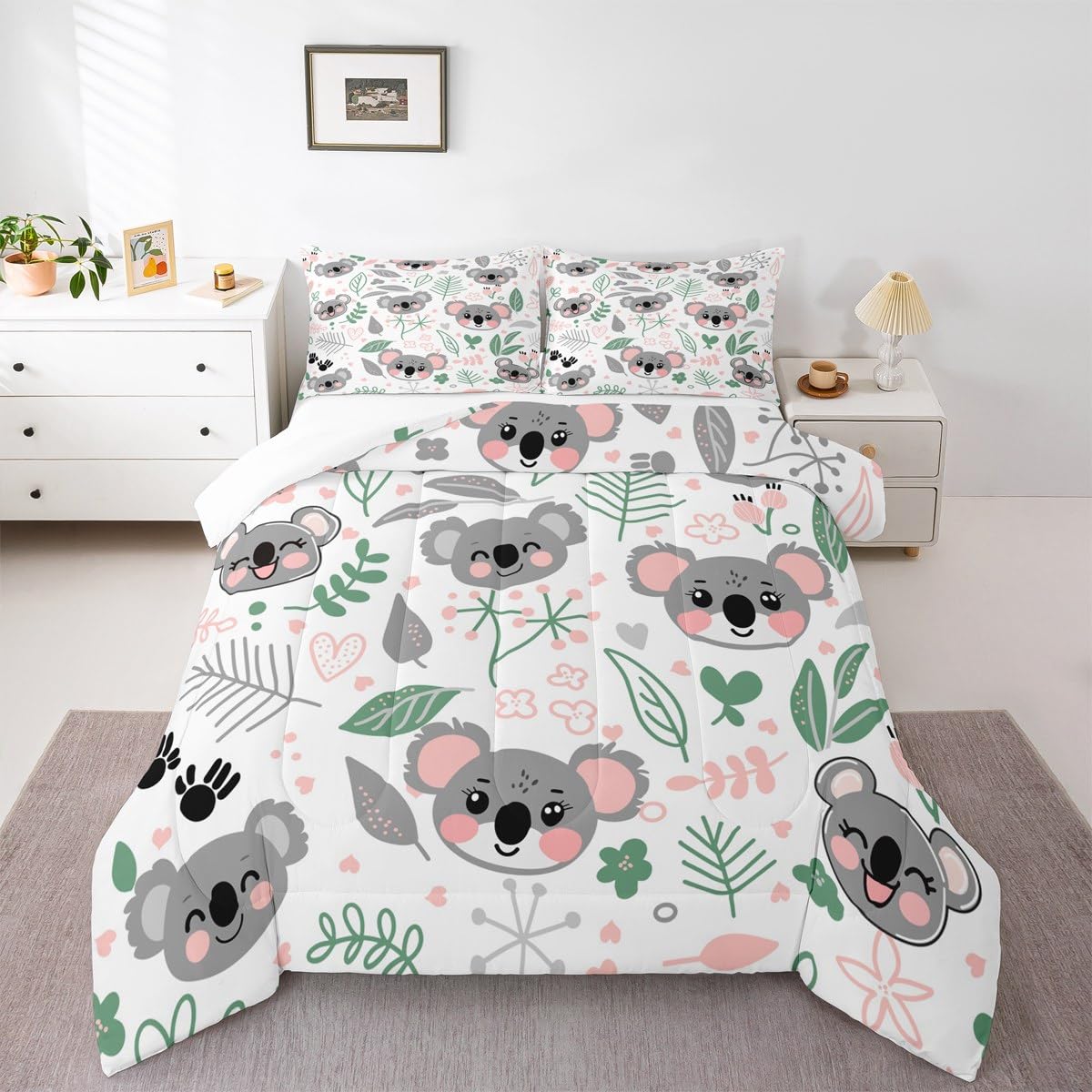 Feelyou Koala Comforter Set Full Size, Cartoon Koala Comforter Set Cute Koala Comforter for Kids Toddler Botanical Plant Duvet Set Lightweight Quilt Set