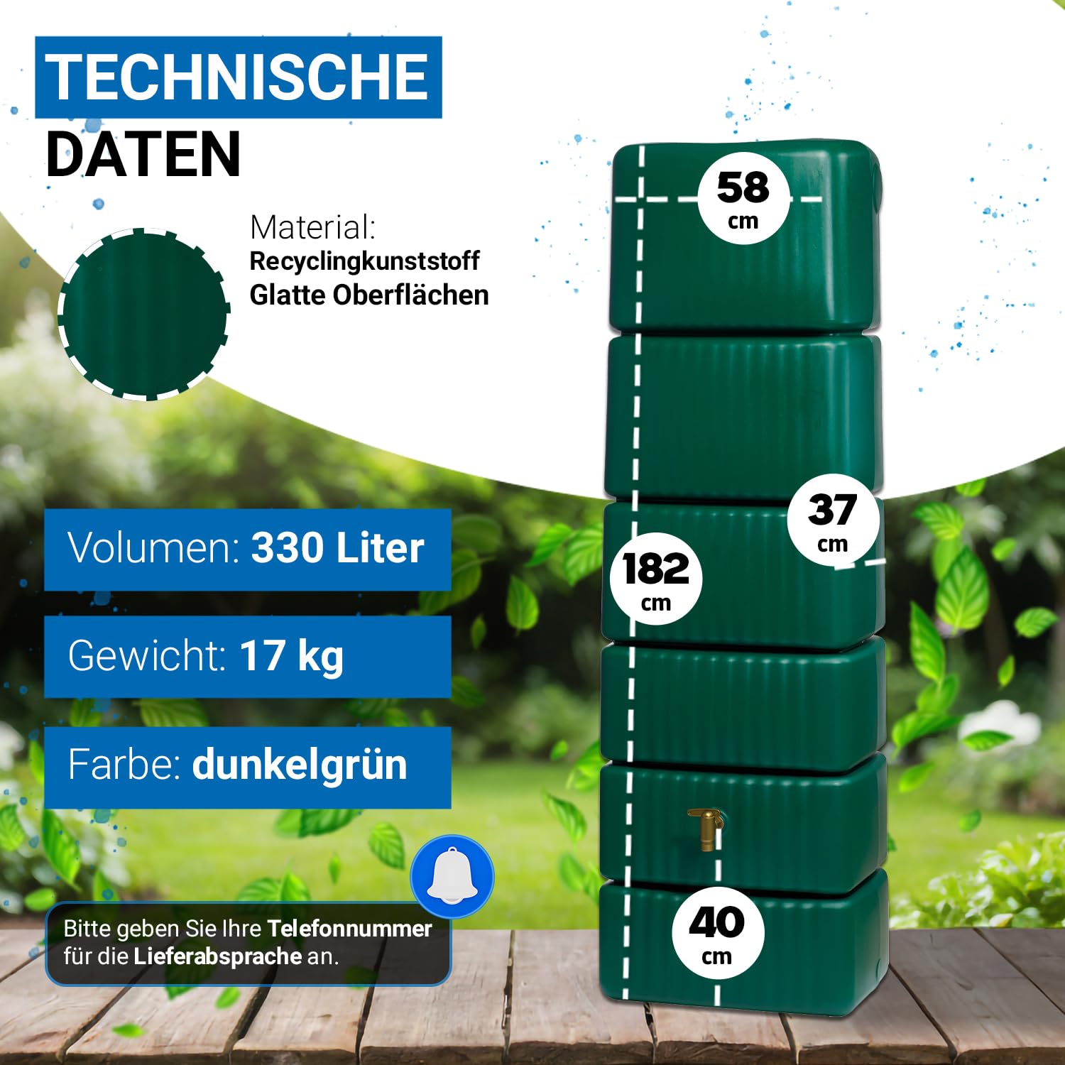 4rain Slim Regentonne Wandtank 330 Liter dunkelgrün - platzsparend für Gartenbewässerung - mit Auslaufhahn und Deckelöffnung zur Entnahme - aus Recyclingkunststoff mit starkem UV-Schutz im Freien