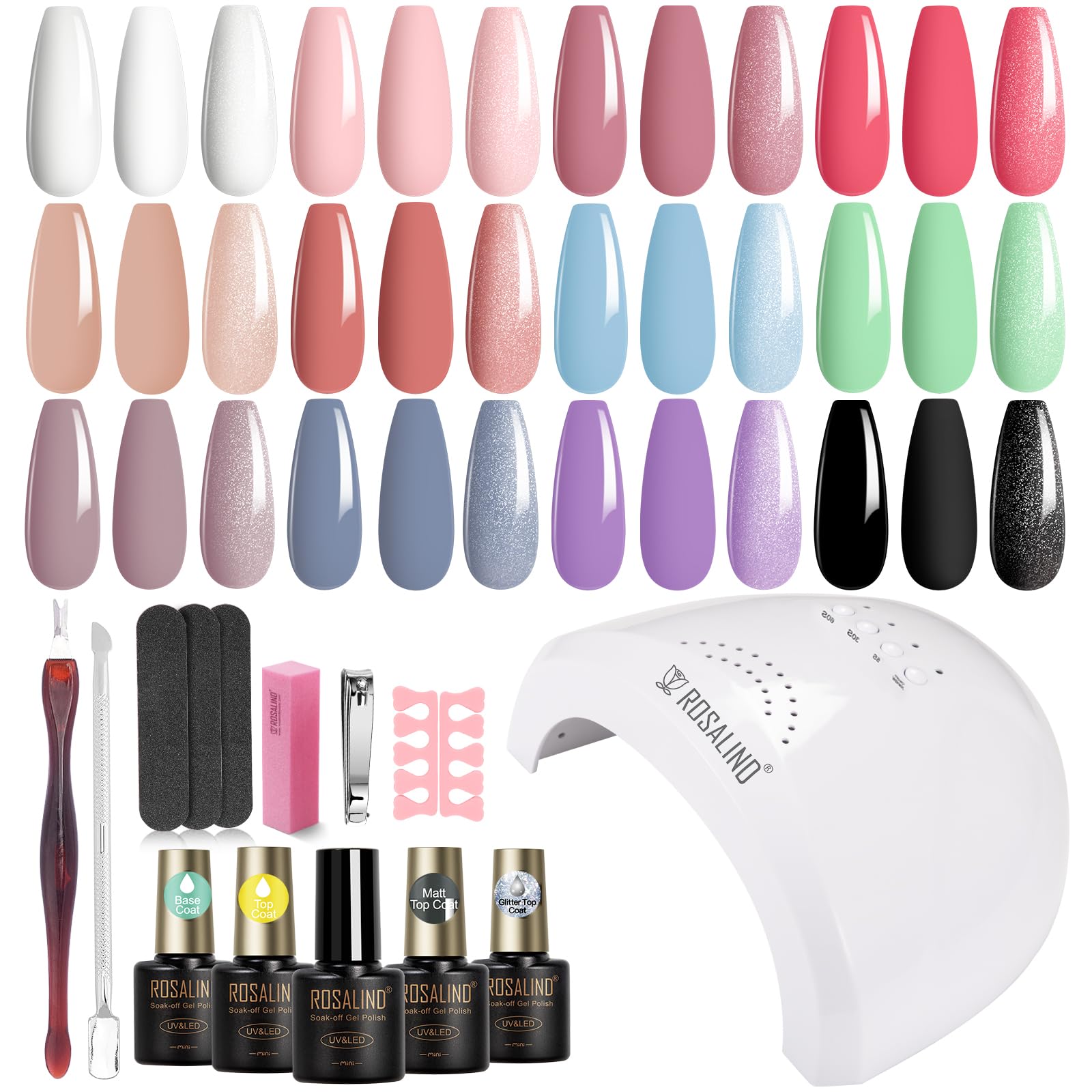 ROSALIND Kit Vernis Semi Permanent avec UV LED Lampe, 12+4 PCS Blanc Rose Bleu Vert Violet Couleurs Vernis Gel, Kit Ongle Gel UV Manucure Cadeau pour Débutant Démarrage
