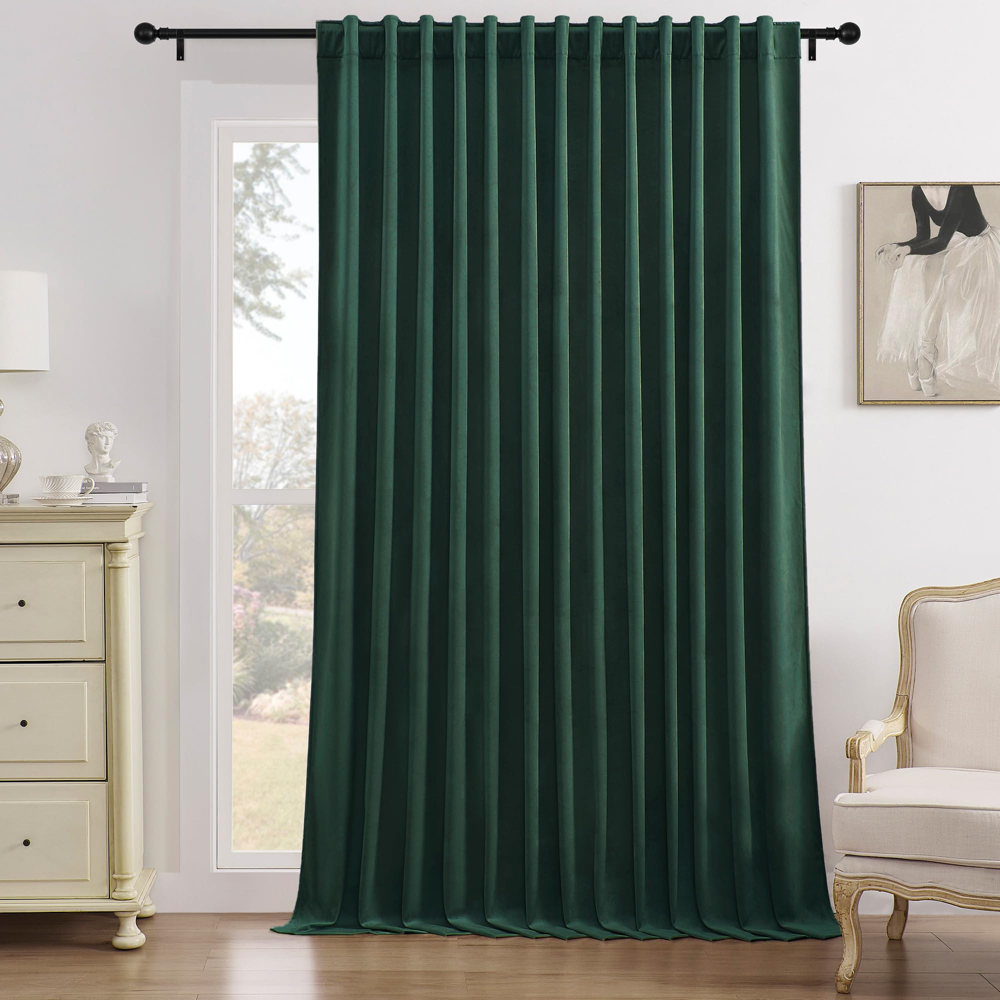 Timeper Green Velvet Curtain W104 x L84 inches 1 Panel,Thermal Insulated Blackout Window Drapery for Living Room Sliding Door, Extra Wide Room Divider Curtain,Back Tab & Rod Pocket
