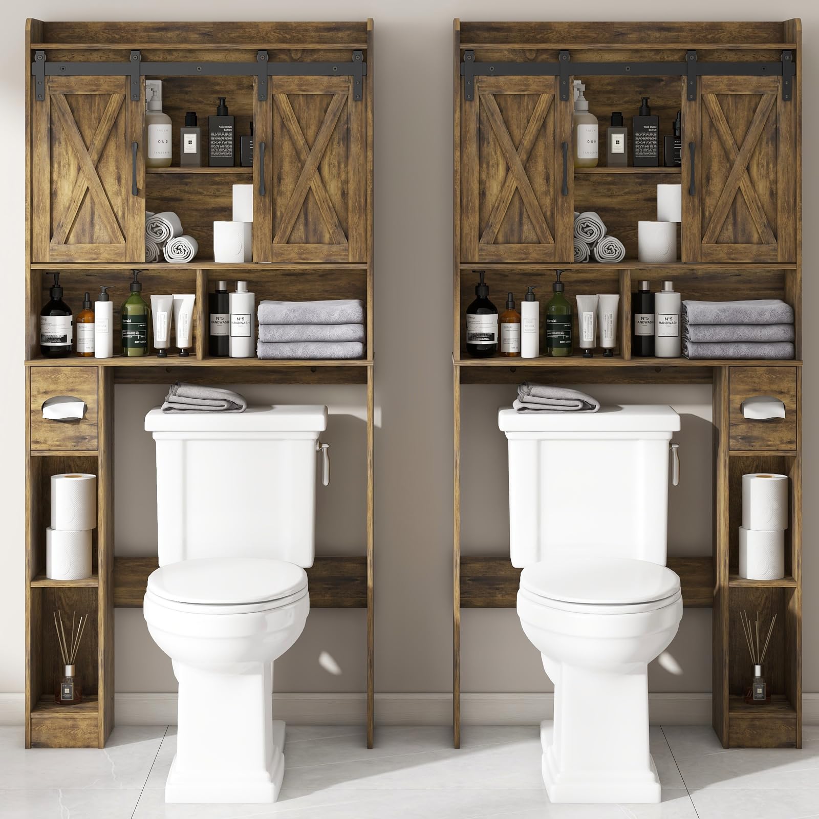 Armadietto portaoggetti sopra il WC, con 2 porte e supporto per carta igienica, salvaspazio, per bagno, bagno, lavanderia