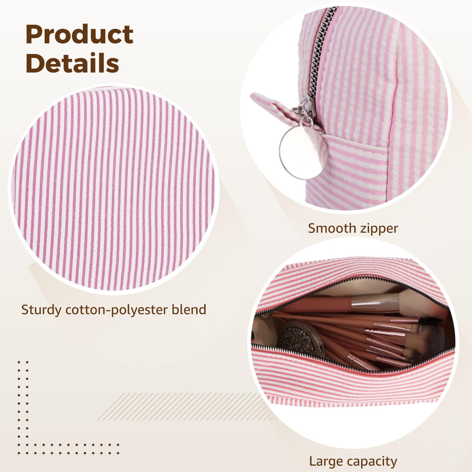 6 STK. Seersucker Kosmetiktaschen, Reise-Kulturbeutel-Set, gestreifte Tasche mit Reißverschluss, 8,7 x 3,5 x 5,9 in, tragbar für Hautpflege und Pinsel, Geschenk für Brautjungfern, Mehrfarbig