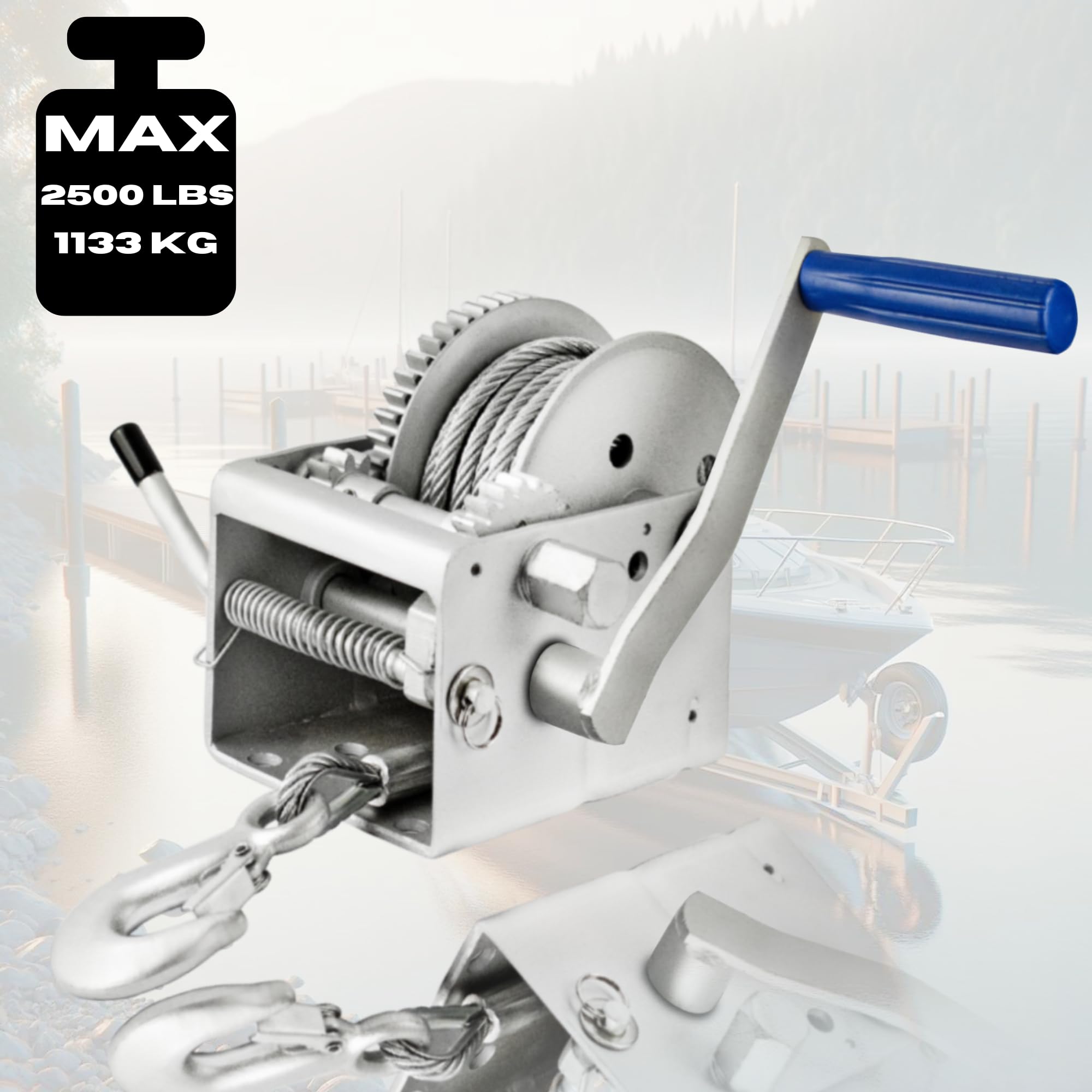 Husar Winch Handlier 2500 lbs |1133 kg met staalkabel, lengte 10 meter, gemaakt van koolstofstaal, remratel, eenvoudig werkend, voor boten, aanhangers, industrie