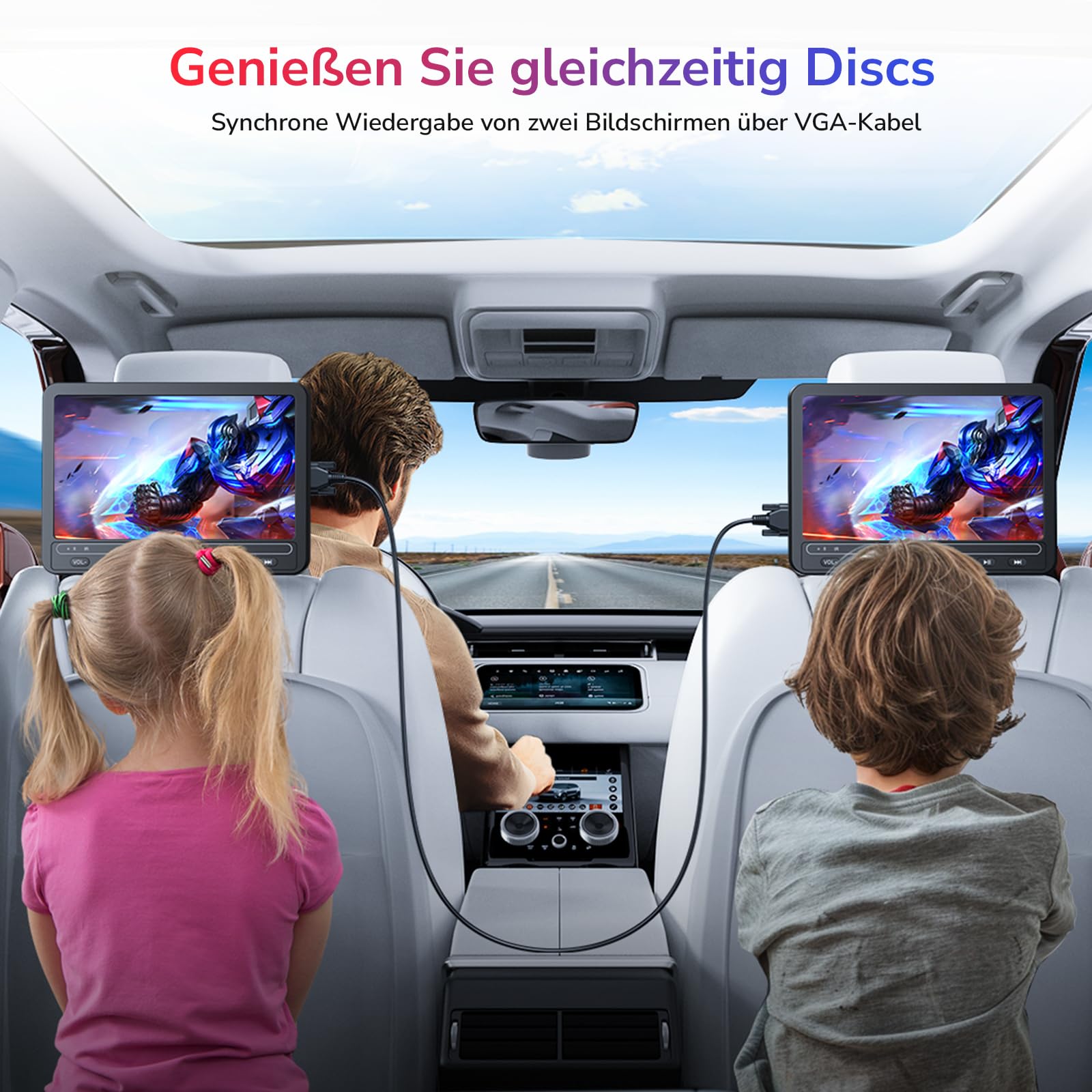 GOnavidio DVD Player Auto 2 Bildschirme 10,5" Mit 5 Stunden Akku 2 Kopfhörern Tragbarer Auto DVD Player Fernseher für Kinder TV, Unterstützt USB/SD, Regionsfrei (1 Player + 1 Monitor)