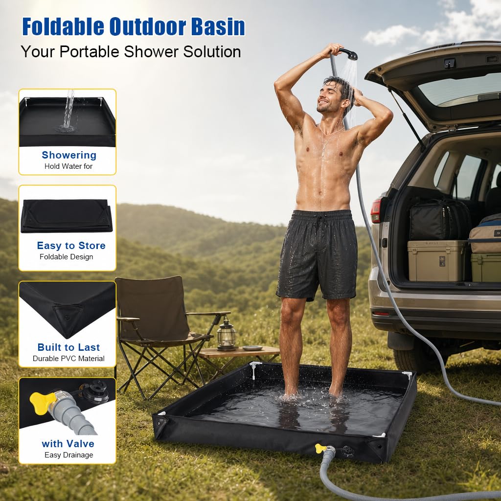 Gohytal Base doccia pieghevole, 80 x 80 cm, piatto doccia portatile da campeggio, con tubo di scarico, resistente, Oxford, impermeabile, grande doccia, mobile da campeggio, per camper, interni ed
