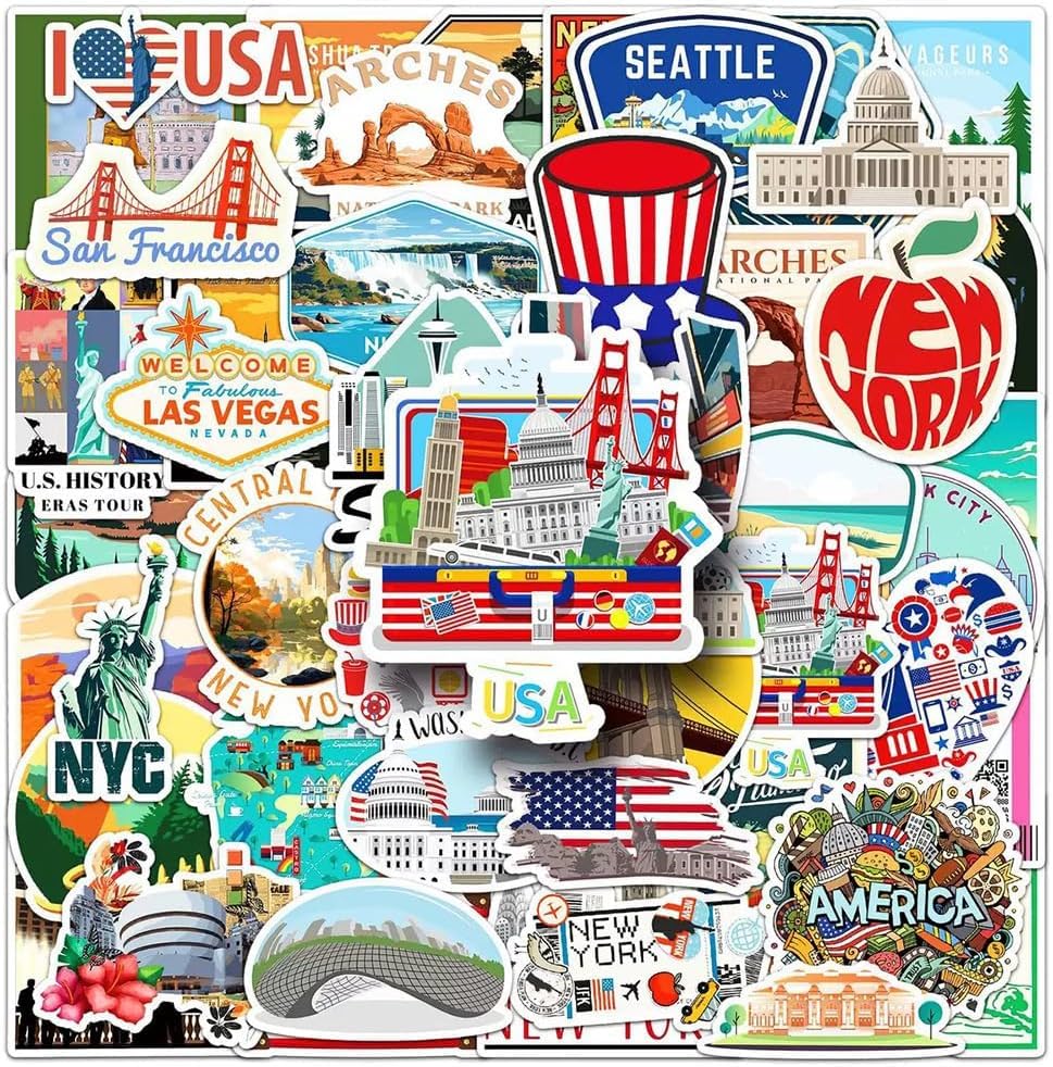 Autocollants USA |50Pcs Stickers Vinyle Imperméables sur le Thème des États-Unis pour Gourdes, Ordinateurs, Valises, Tasses, Téléphones, Skateboards,...