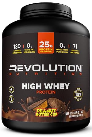 Revolution Nutrition, High Whey, Protein Powder 6LB, Whey Isolate, Gluten Free, Lean Muscle Mass for Men & Women, 25g of Protein Per Scoop, 2.7kg, 73 Servings Peanut Butter Cup, 6 Pound