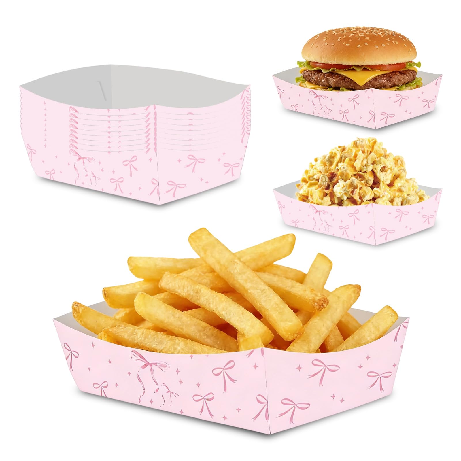 Komergave 24 Pcs Pink Bow Party Food Trays, Pink Patterned Paper Food Trays for Cinema, Birthday Parties, Wedding Events, Grease Resistant Disposable Serving Paper Trays for Party Supplies โ image 1