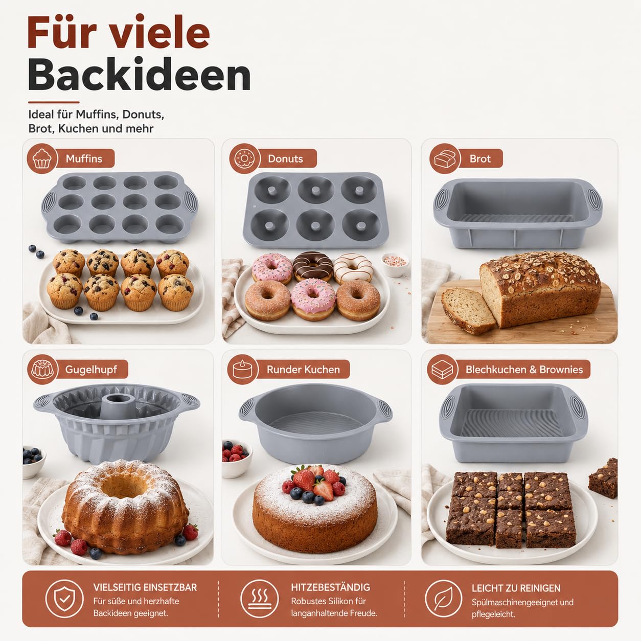 Silikon Backformen Set, 8 Stück Silikon Backform Gugelhupf Brotbackform Kuchenform Muffinform, Springform Backform mit Teigschaber und Backpinsel Für Backen Brot Toast Kuchen Cupcake Muffin