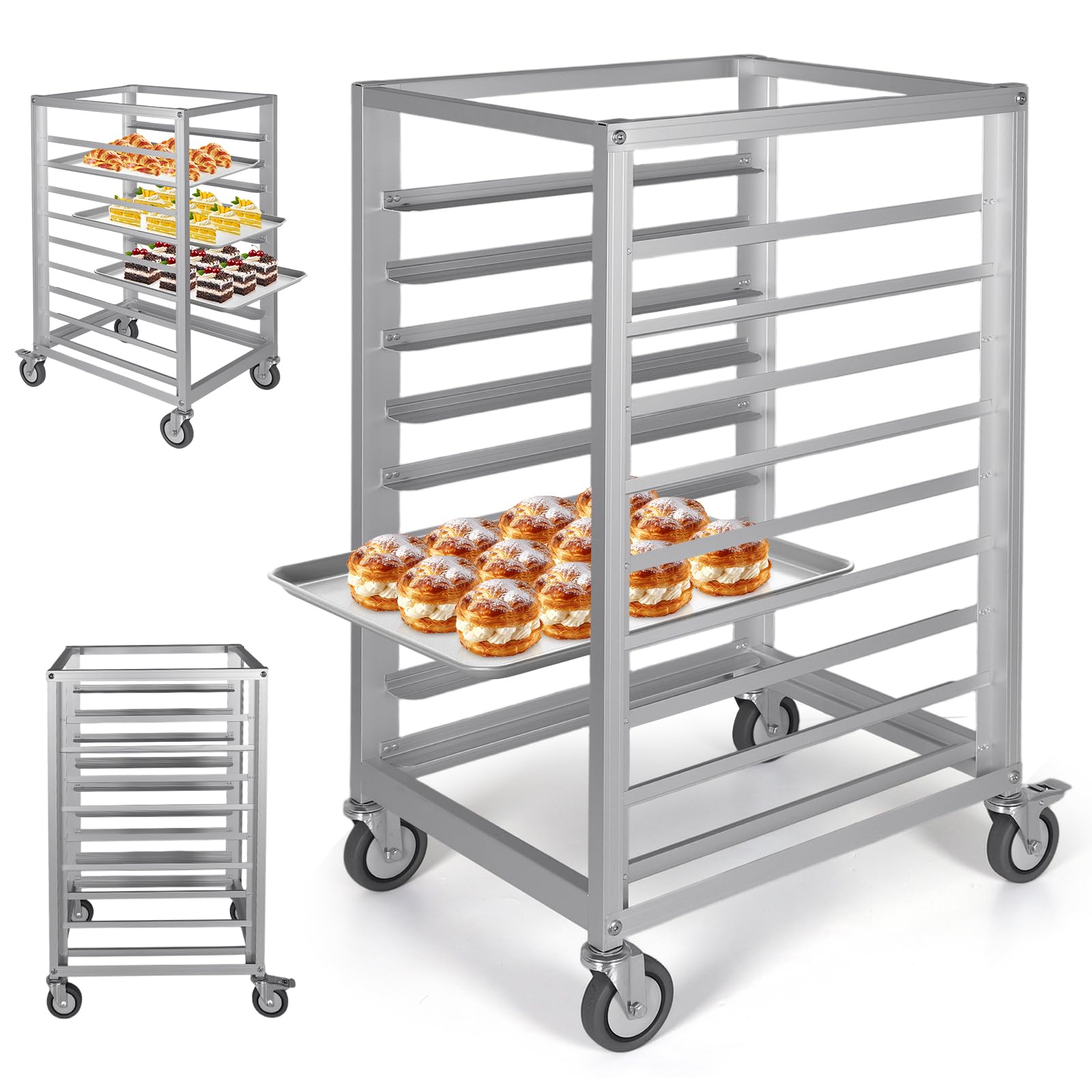 Estante de aluminio de 9 niveles con espacio de 3 pulgadas para el hogar, cocina comercial, panadería, panadería, con ruedas de freno, bandeja de cocina comercial, para restaurante, cafetería
