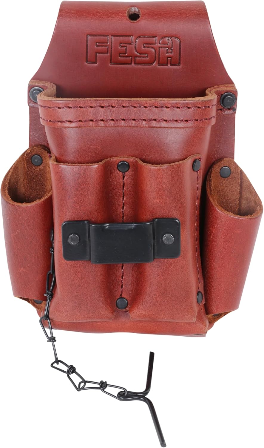 FESA Small Electrician's Tool Pouch - Leather 7-in-1 Small Tool Pouch with Steel Tape Measure or Drill Clip, Tape T-Chain & 5 Pockets - Clip On Any Belt - Handcrafted