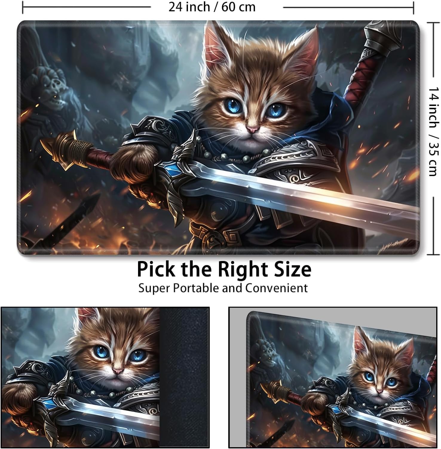MTG Playmat,Game Play Mat for MTG TCG 24 x 14 inches Cards Game Playmats,Trading Card Game Stitched Play Mats Commander Deck Gaming Desk Mat Card Gameplay Mats,Cat Warrior Holds The Sword