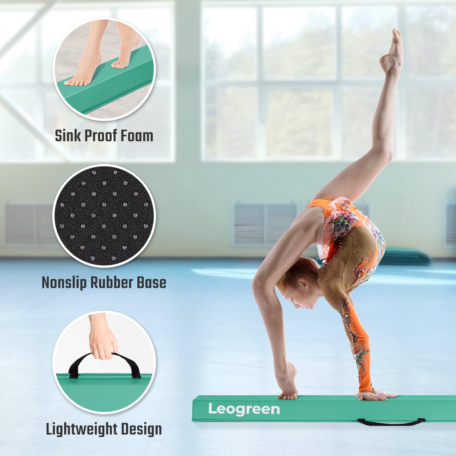 Leogreen Barra de Equilibrio PU Cuero Plegable 270cm, Barra de Gimnasia Artistica para Niños Adultos, Viga de Equilibrio con Bolsa de Transporte y Base Antideslizante Verde