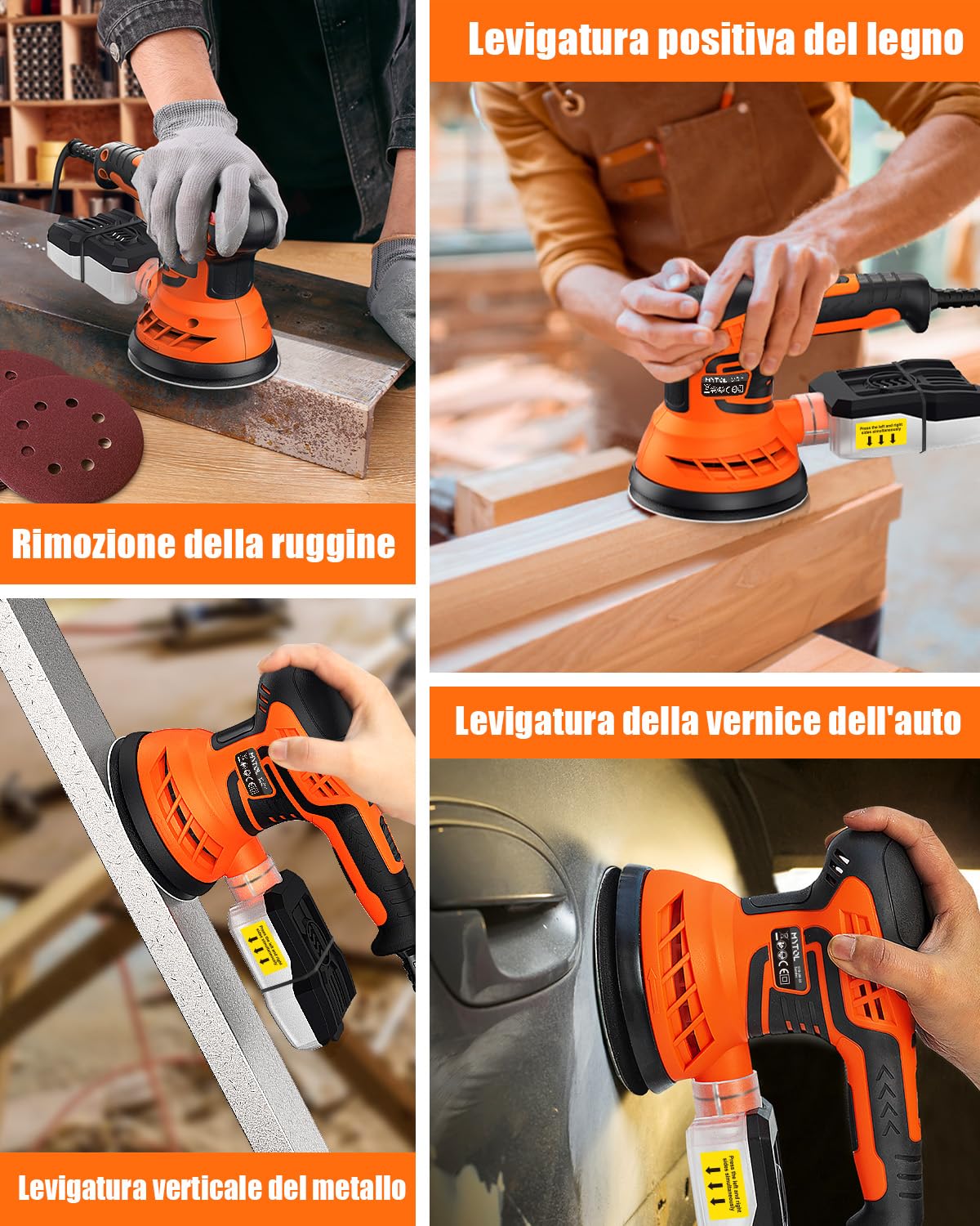 MYTOL 350W Levigatrice orbitale,7 velocità variabili,14 pezzi di carta vetrata(2 vetrata senza polvere)e raccoglitore di polvere,6000-13000U/min,125MM Levigatrice per Legno per la levigatura del legno