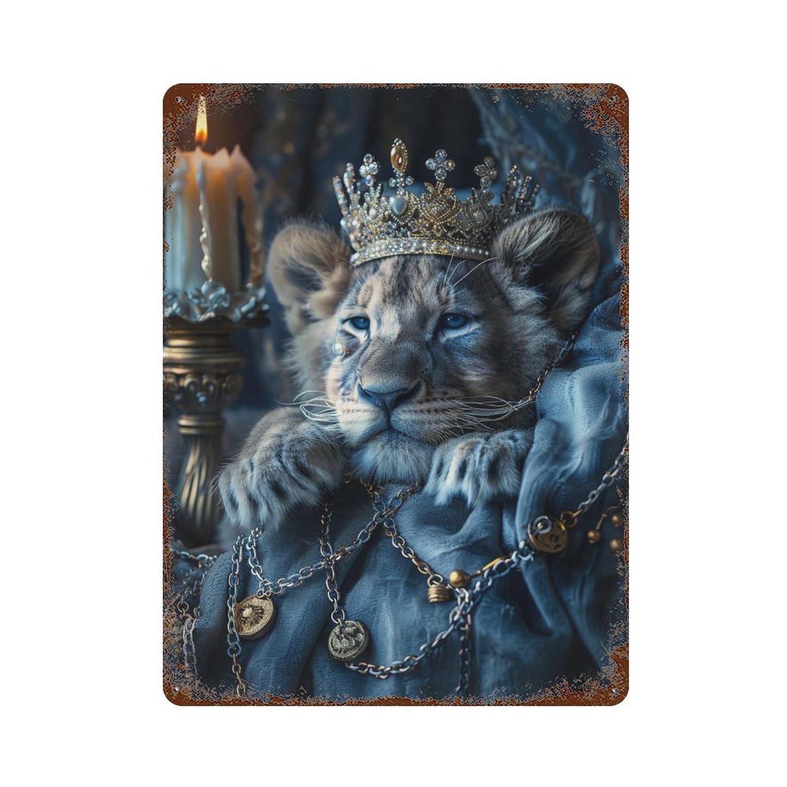 Distressed Metal Wall Sign Royal Lion Cub Portrait 15.7"x11.8", Old School Wall Decor for Bistro, Counter And Cafe Decor