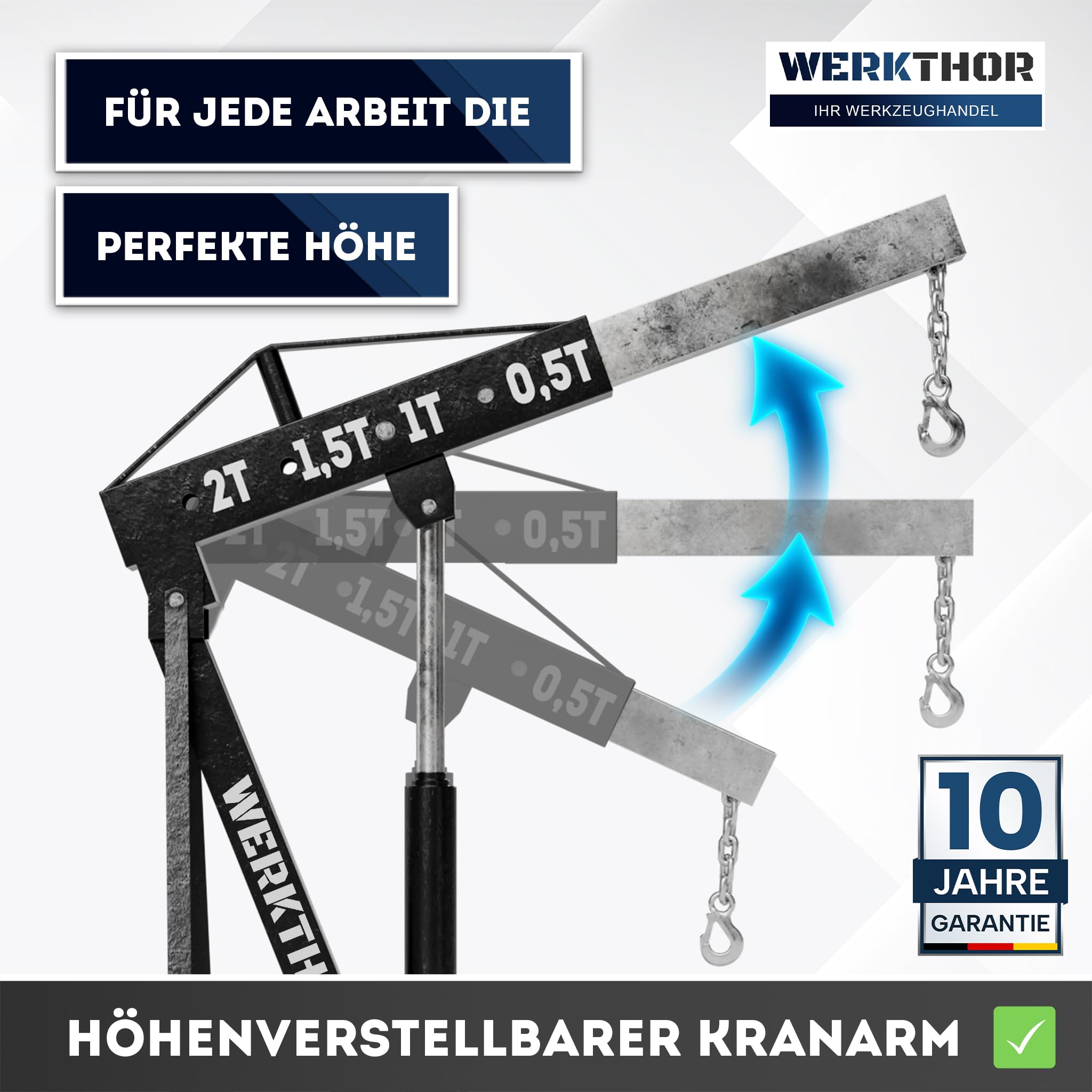 WERKTHOR Motorkran 500kg klappbar für Werkstatt – Motorheber 500KG hydraulisch & platzsparend – Werkstattkran schwarz mit 6 Rollen – Profi Hebekran für Motoren & Getriebe