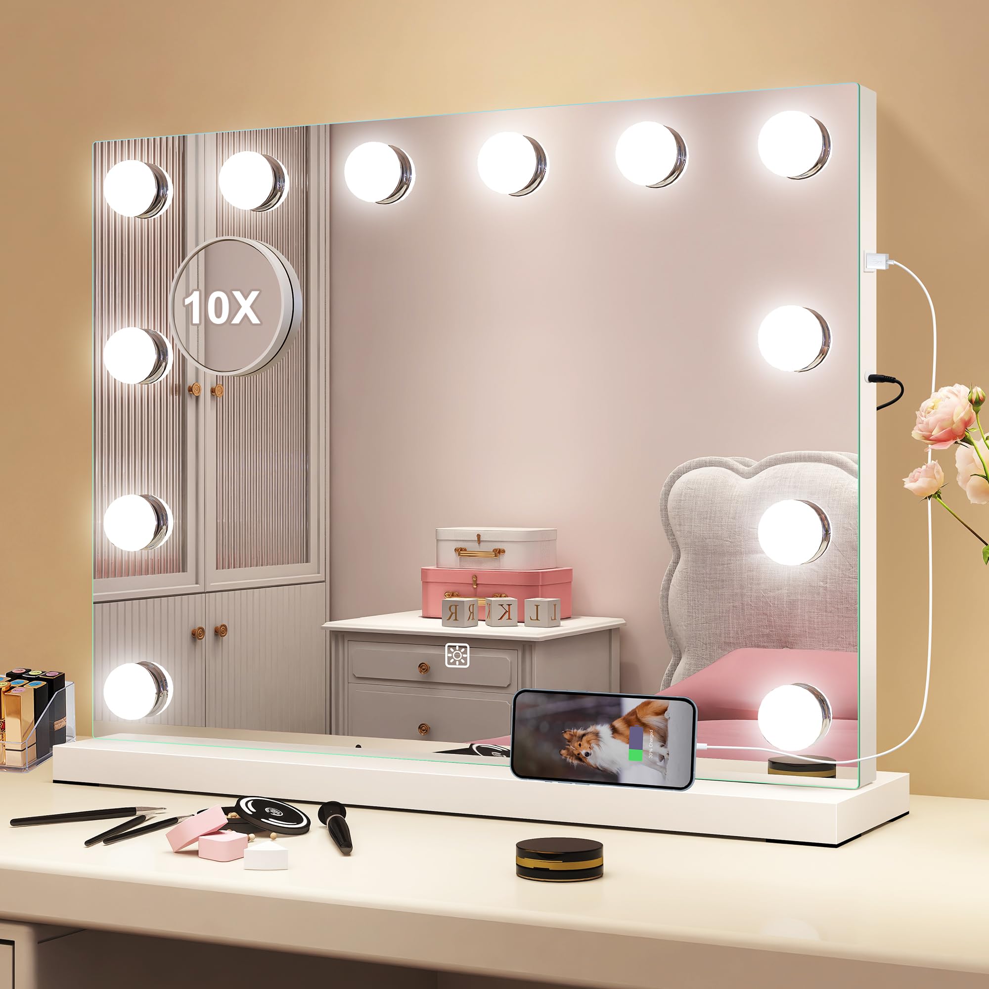 S'bagno Espejo Maquillaje con Luz Hollywood 48x36cm, Espejo Tocador con Luz con Lupa de 10 Aumentos y USB, Espejo con Luz y 3 Modos de Luz, 12 Cuentas LED, Espejo de Mesa/Pared para Dormitorios