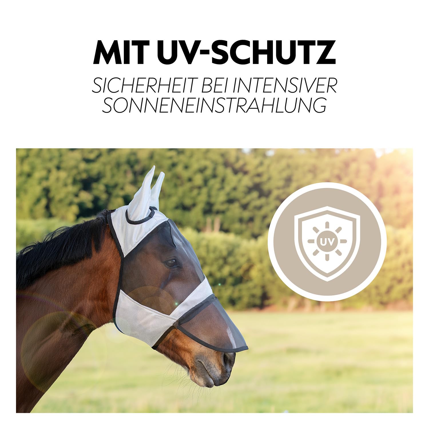 SUNRIDE Maska przeciw muchom dla koni (Ibiza) – z ochroną nosa – futrzana wyściółka na nosie i oczach – z ochroną przed promieniowaniem UV – oddychająca – nadaje się do prania –