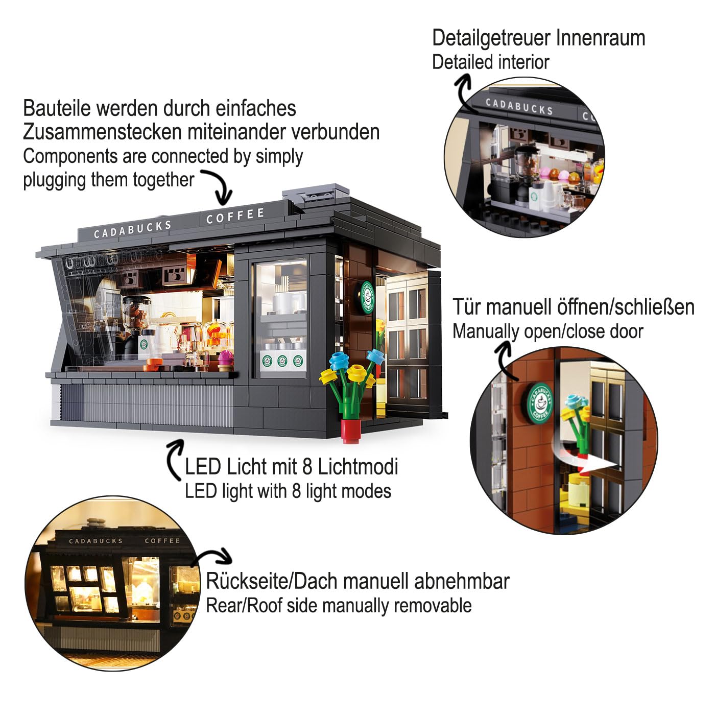JAMARA 402884 CADA Coffee House Bricks – dai 14 anni in su, tecnica per ragazzi e ragazze, idea regalo, set di mattoncini a morsetto, kit con luce LED, design curato nei dettagli