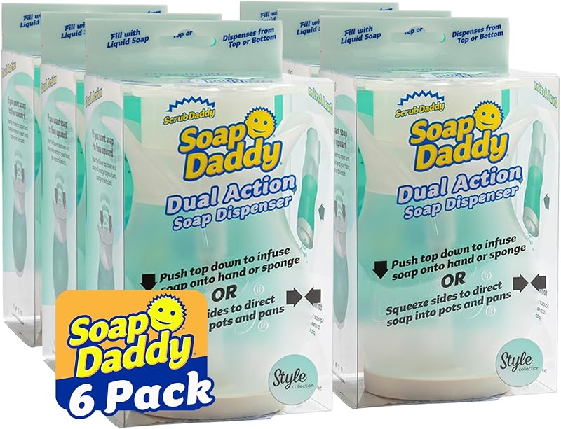 Soap Daddy – Dispensador de jabón líquido de doble cara para fregadero de cocina + limpieza de baño – Recargable + esencial para encimera fácil de usar – Uso con jabón para platos o manos – 1 unidad (paquete de 6)