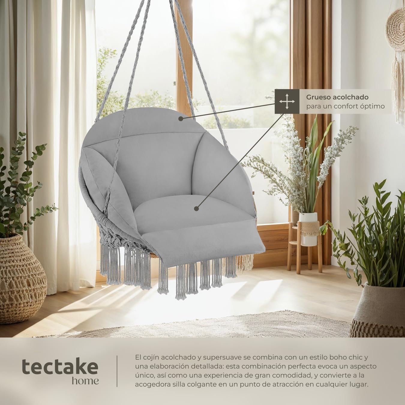 tectake® Cesta Colgante de Estilo Boho Ø 80 cm, Cojines Gruesos de 10-12 cm, Sillón Balancín con Robustas Borlas y 2 Anillas de Fijación, para Interior y Exterior, Cap. de Carga: 160 kg - Gris