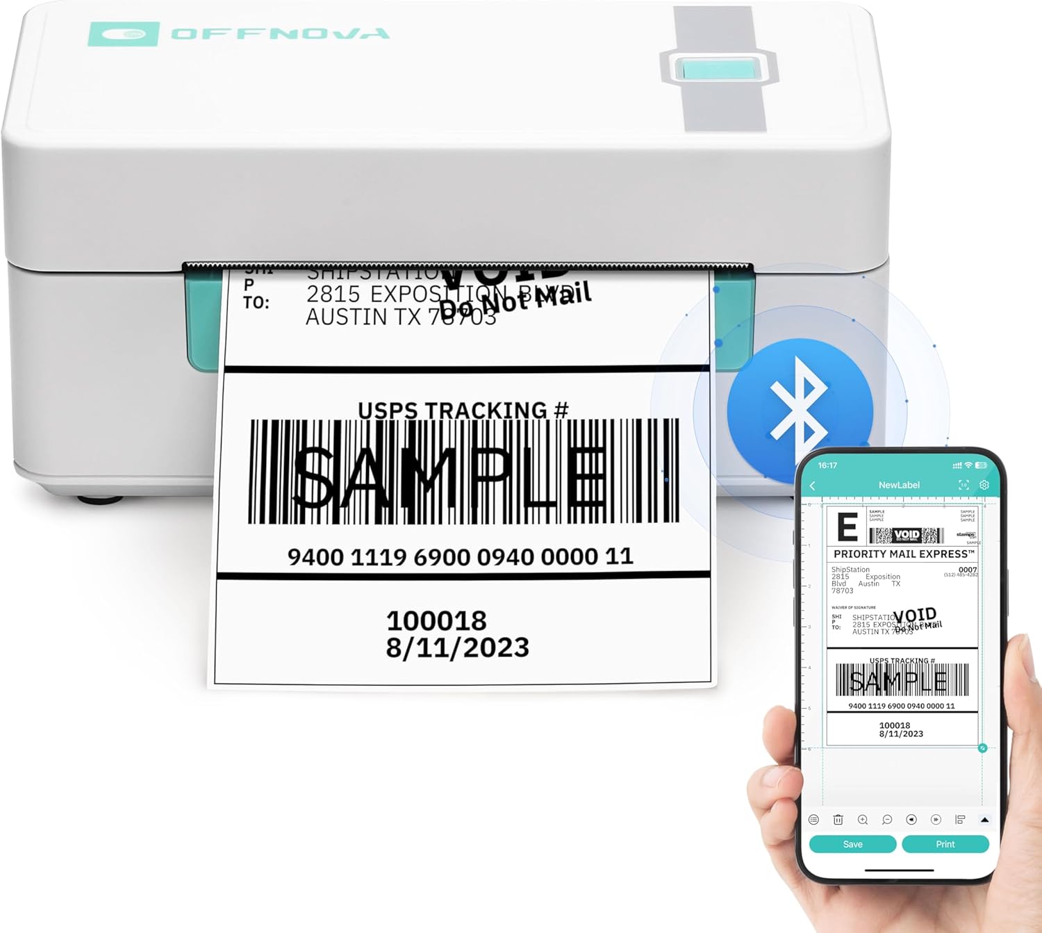 OFFNOVA Shipping Label Printer actively printing a shipping label, with a smartphone displaying the '4Barcode' app interface for label creation and printing.