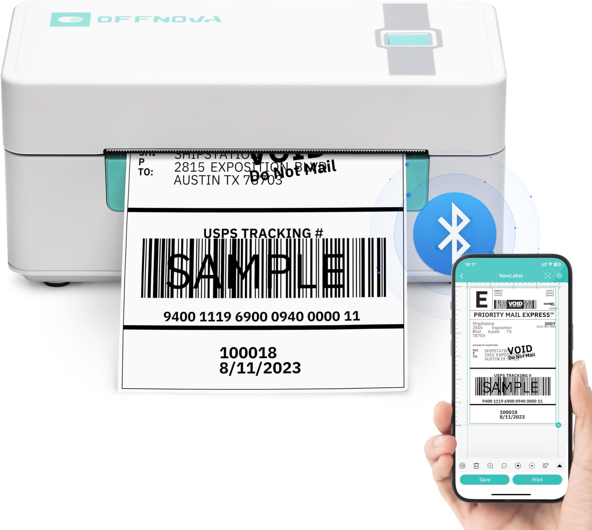 OFFNOVA Shipping Label Printer, Bluetooth Thermal Label Printer 4x6 for Small Business and Shipping Packages, Supports Windows Mac iOS Android, Works with USPS Ebay Shopify Etsy