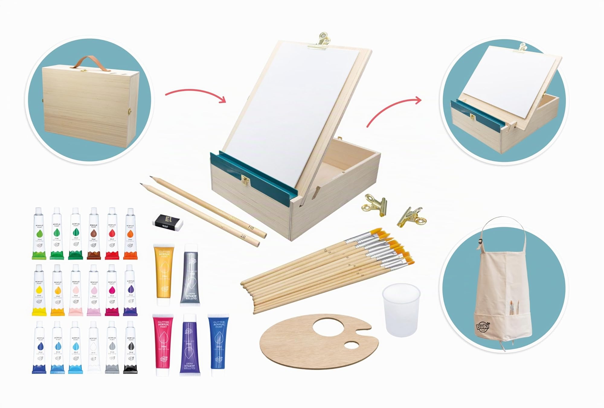 BUKI 5440 - Professional Studio Artista - Maletín de madera con caballete, pinturas acrílicas, lienzos y accesorios – Fácil de transportar, desde 7 años