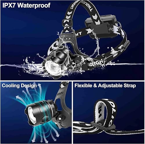 Miniatura 3 de Linterna frontal LED, lámpara frontal recargable de 100000 lúmenes, ultra brillante, IPX7 a prueba de agua con 5 modos de iluminación, ajustable a