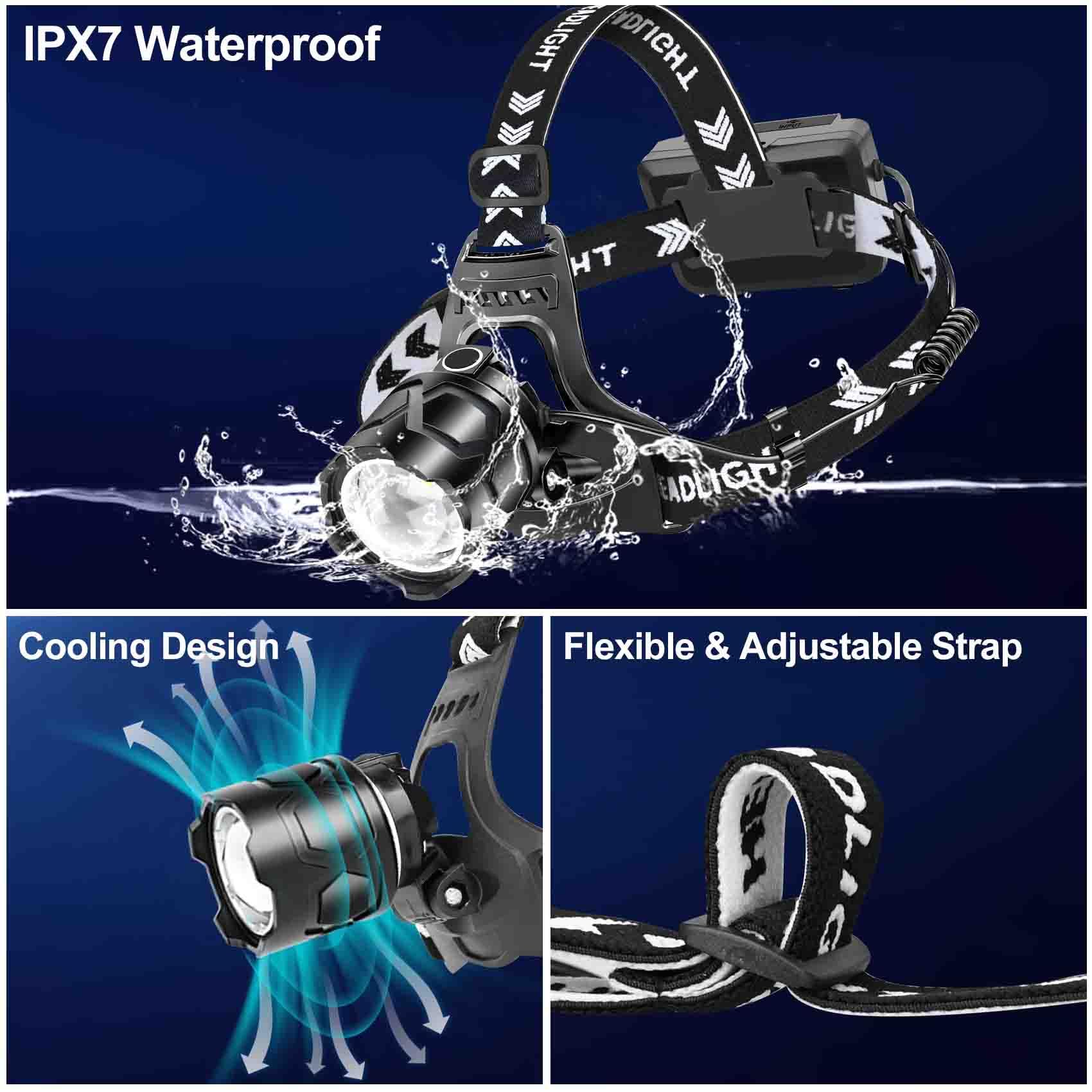 YOUGAAN LED-Stirnlampe, wiederaufladbar, 150.000 Lumen, superhell, mit 10 Modi und Bewegungssensor, Stirnlampe Taschenlampe mit Zoombar, IPX7 wasserdicht, 135° verstellbar, für Outdoor, Wandern,